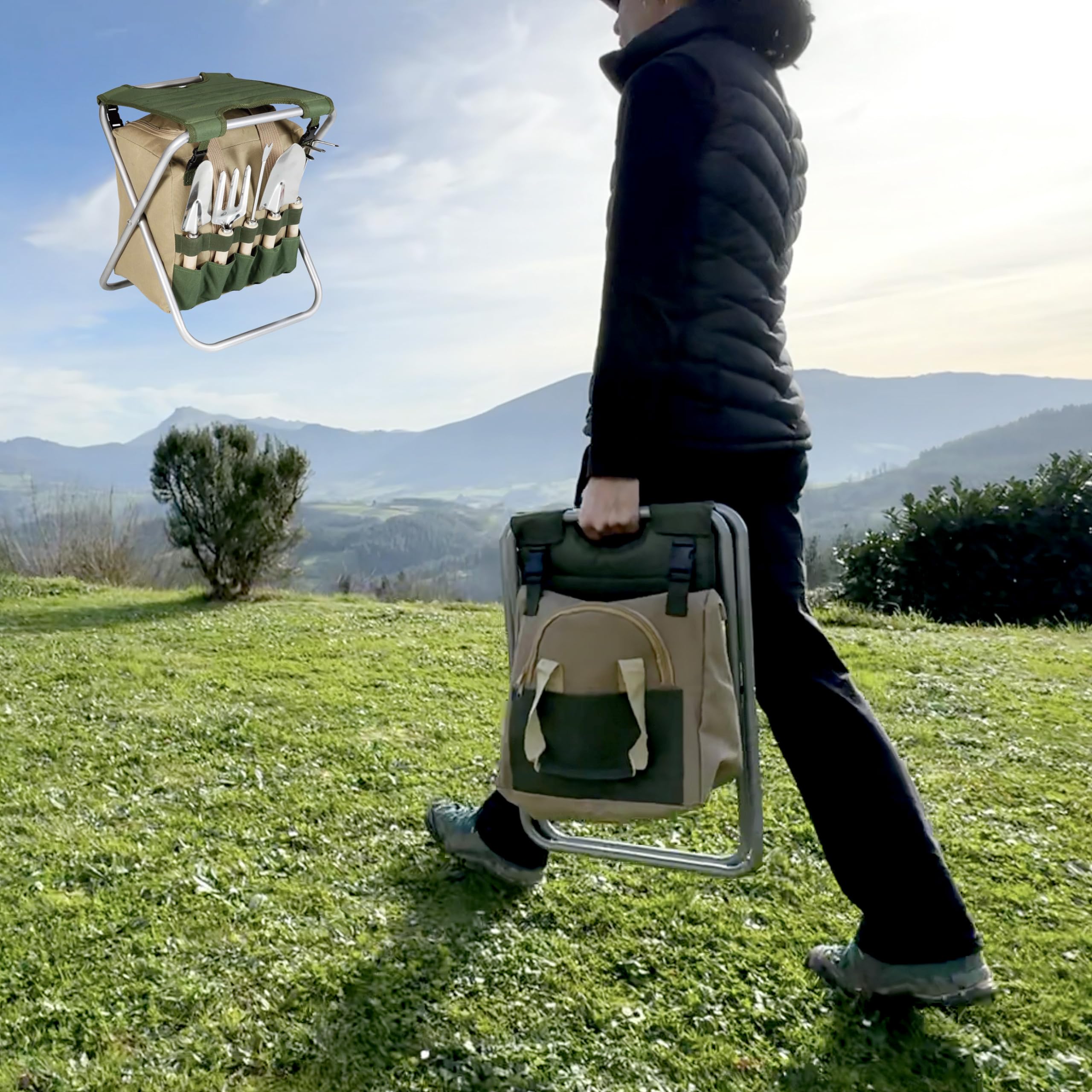 BIKAIN - Herramientas de Jardinería - Taburete Plegable + Bolsa + Herramientas - Kit de Jardinería - Bolsa de Almacemiento con Cremallera - Incluye 5 Herramientas con Mango de Madera
