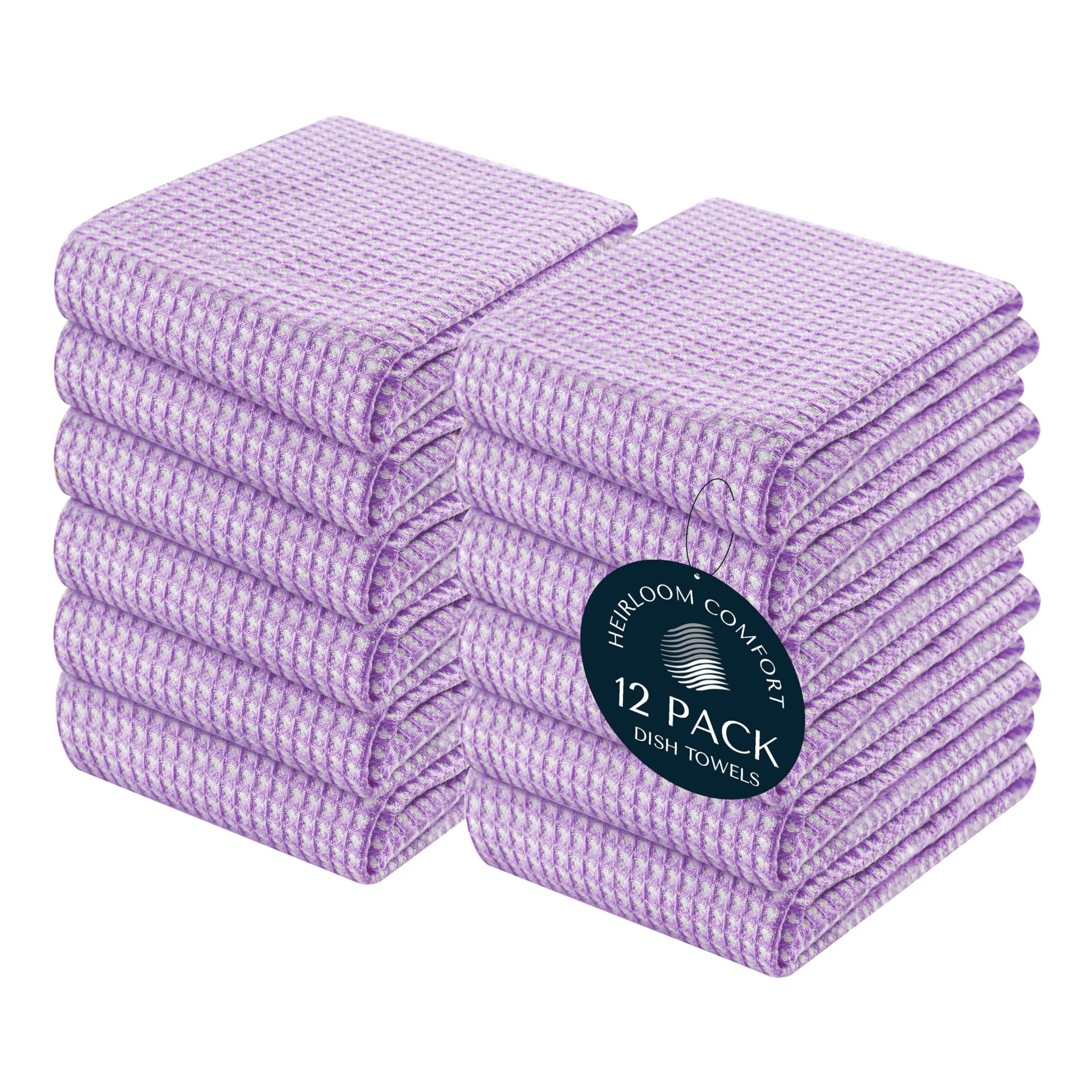 HEIRLOOM COMFORT 12 Pack Dual Tone Waffle Weave Kitchen Towels, 40x66 cm, 100% Cotton, Reversible, Super Absorbent, Quick Dry, Durable Dishcloth Set, Soft Hand Towels for Cleaning, Lavender
