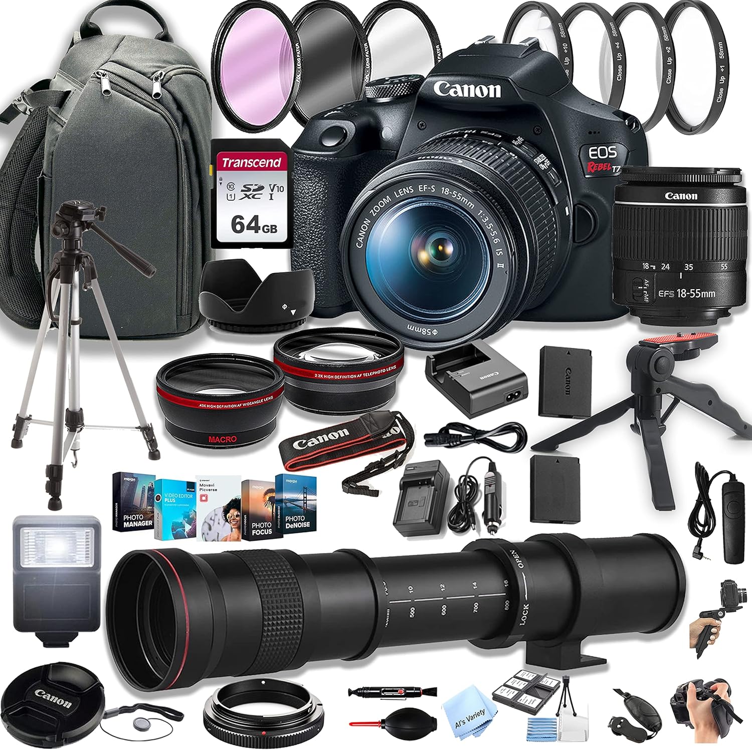 Canon EOS Rebel T7 DSLR Camera w/EF-S 18-55mm F/3.5-5.6 Zoom Lens + 420-800mm Super Telephoto Lens + 100S Sling Backpack + 64GB Memory Cards