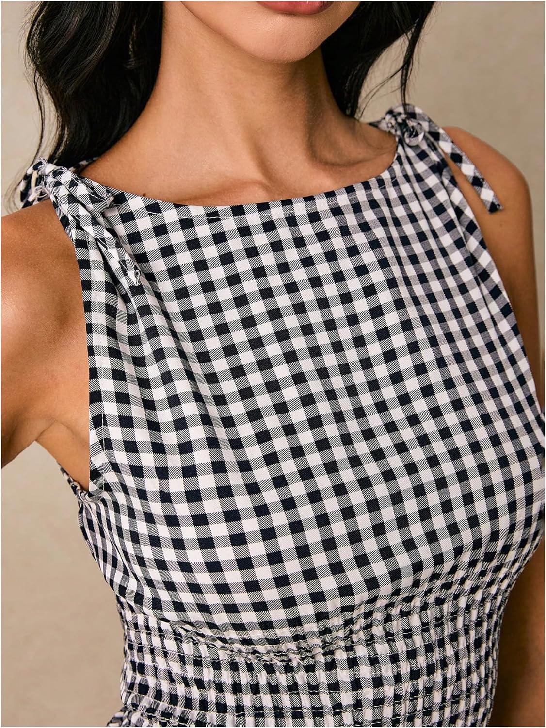 Floerns Women's Tie Shoulder A Line Gingham Dress Boat Neck Mini Checkered Elegant Dresses - Image 4