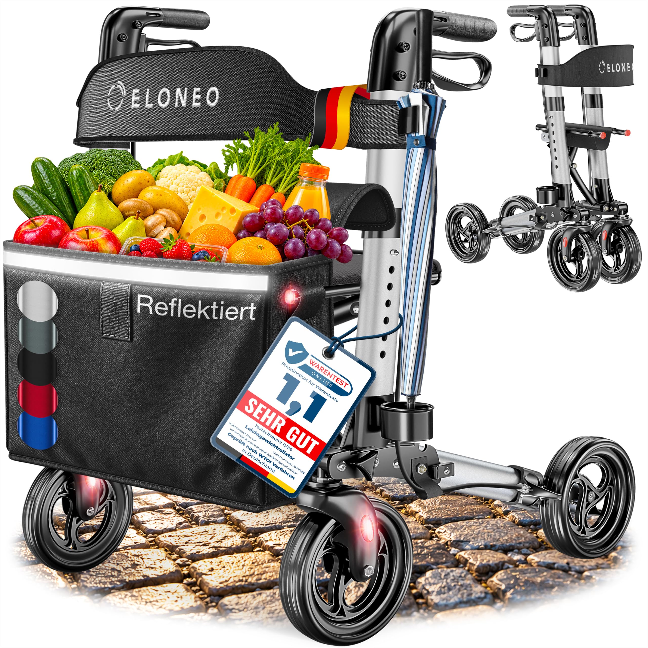 ELONEO Rollator faltbar und leicht mit Sitz, Leichtgewicht-Reiserollator aus Aluminium, Gehhilfe 8-fach höhenverstellbar, Laufhilfe 3-fach faltbar für Kofferraum, Tasche & Schirmhalter Silber