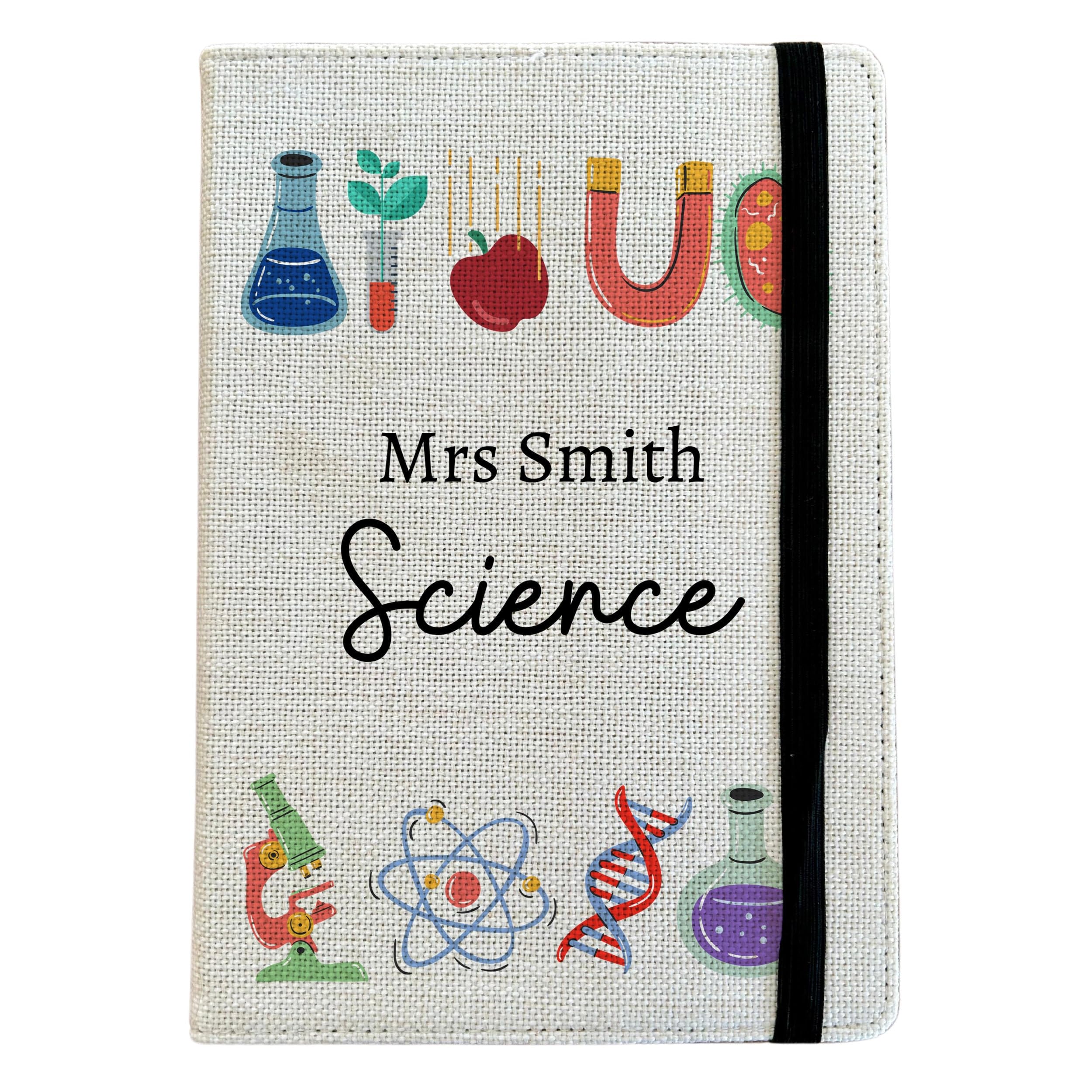 Personalised Science A5 Notebook - Biology Teacher Lined Journal - Reusable Physics School Notebook Cover - Linen Hardback Journal Cover