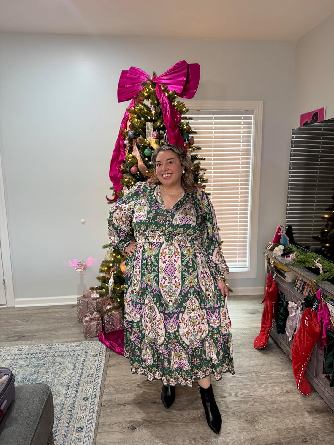 CARCOS Women's Plus Size Boho Floral Fall Dress Long Sleeve V Neck Wedding Guest Cocktail Party Flowy Midi Dress XL-5XL - Image 3