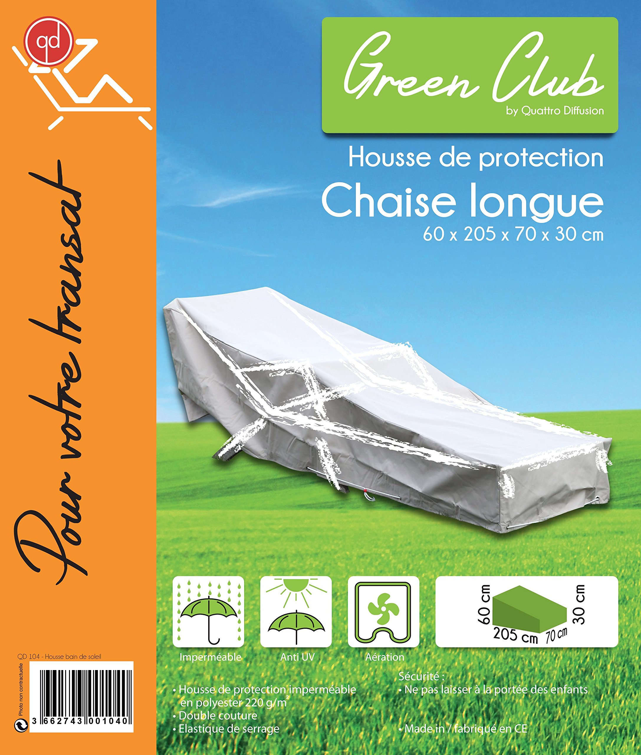 GREEN CLUB Housse De Protection pour Chaise Longue transat de Jardin Haute Qualité Polyester doublée PVC L 205 x l 70 x h 60 cm Couleur Anthracite