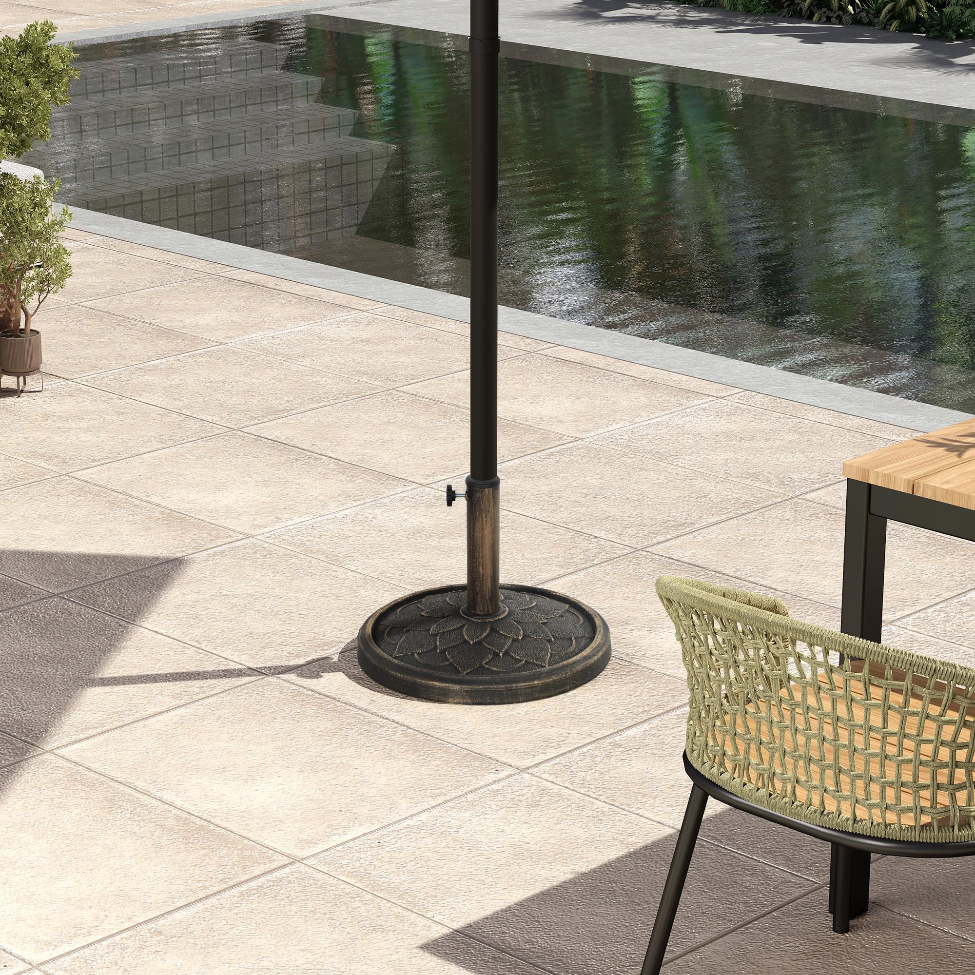 Outsunny Base per Ombrellone da 12 kg con Motivo di Fiore di Loto e Manovella Integrata, Basamento per Ombrellone in Resina, Metallo e Cemento, per Pali di Ombrelloni da Ø32/38/48 mm, Bronzo
