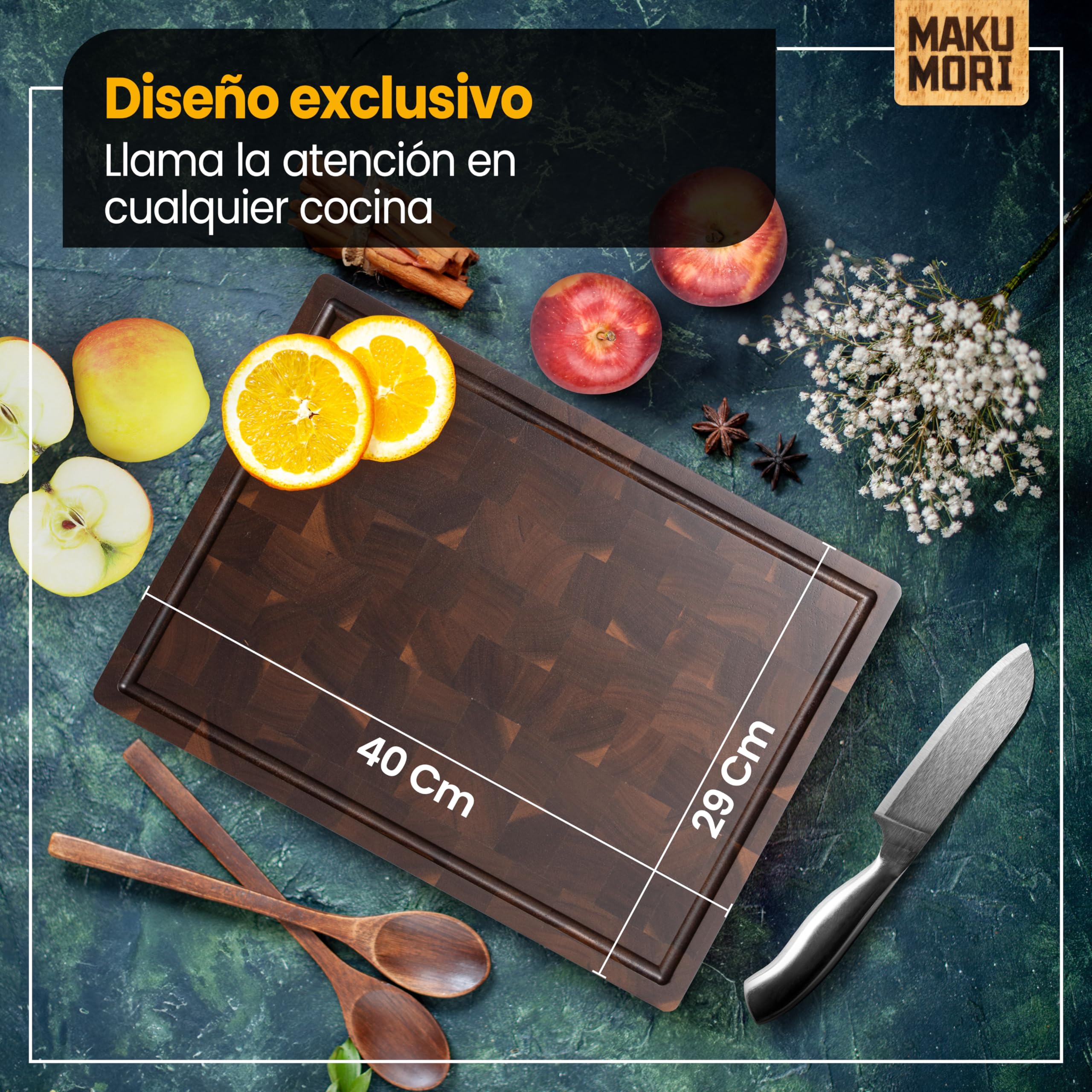 Premium Tabla de Cortar Madera de Testa 40x29x3cm Acacia Oscuro | Tabla de cocina de acacia carbonizada; FSC®; ranura para jugos; asas grandes; pies de goma antideslizantes