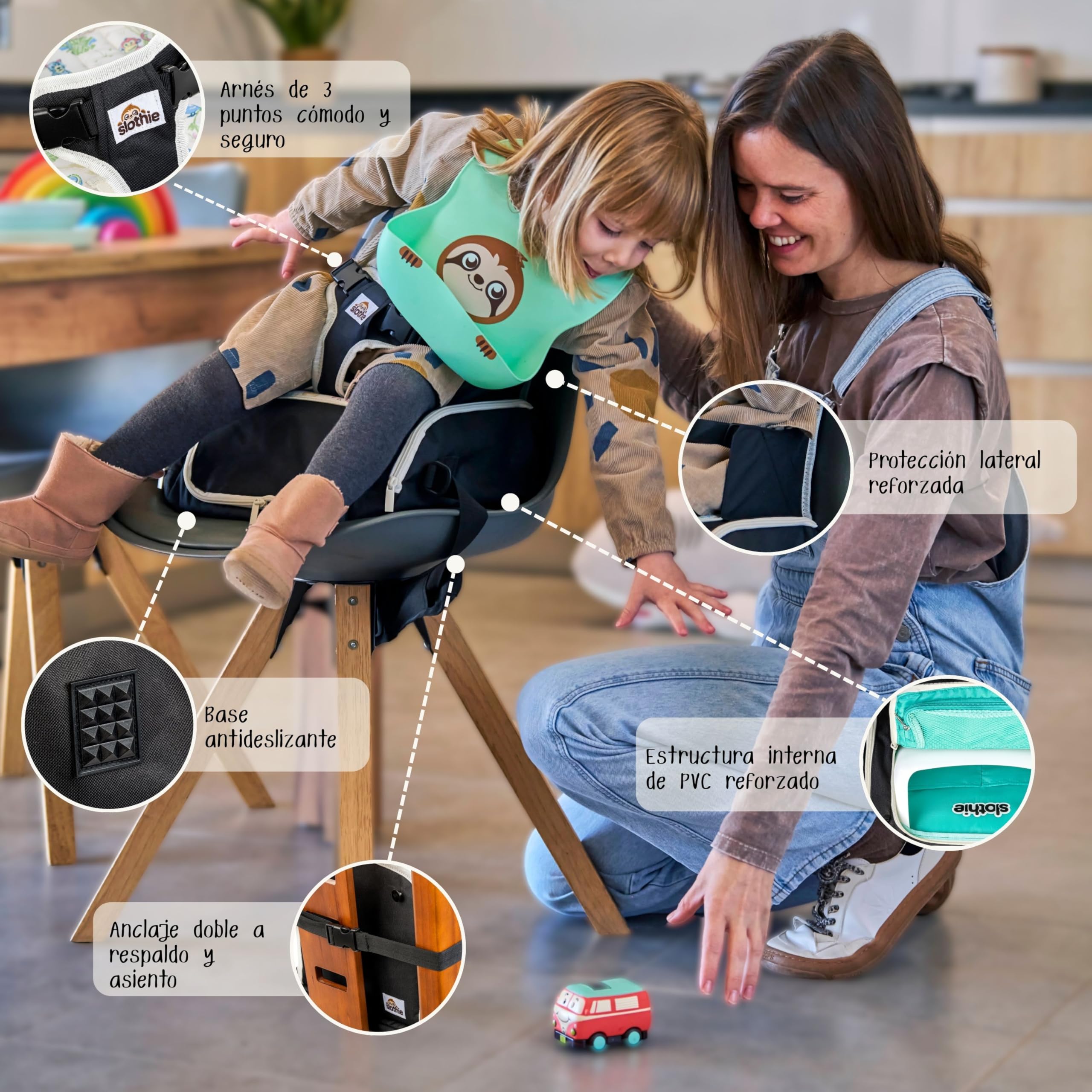 Slothie Trona Portátil para Bebé – Trona de Viaje Portátil para Comer, Asiento Elevador Plegable con Almacenamiento, Incluye Colgador Carrito y Babero de Silicona