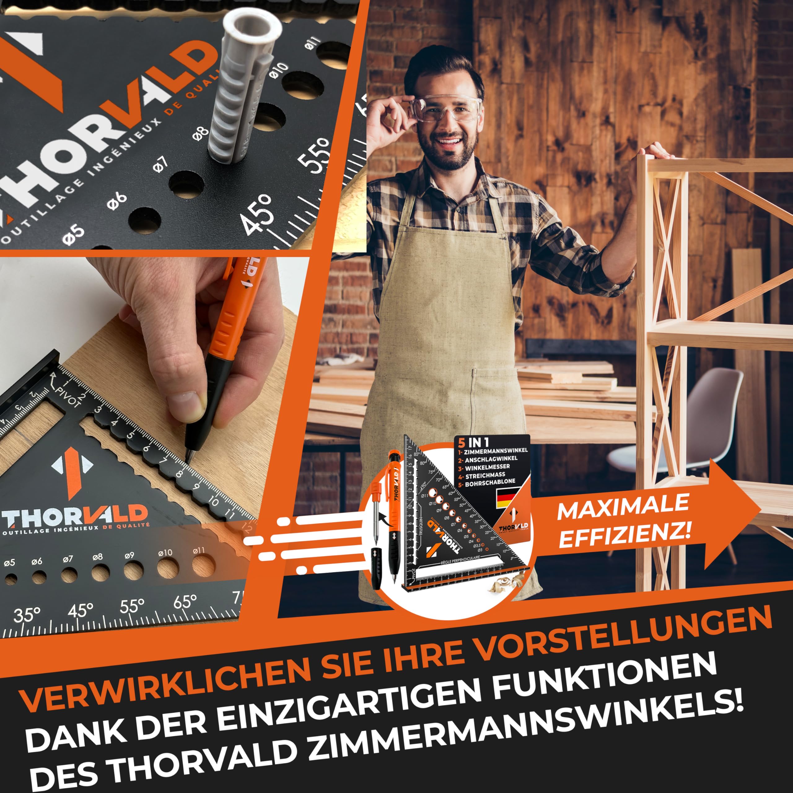 THORVALD Zimmermannswinkel 5-in-1 - Winkelmesser Anschlagwinkel + Tieflochmarker - Aluminiumwinkel mit 180 mm Schenkellänge zum präzisen Anreißen & Zeichnen/Multifunktional Perfekt um Zeit zu sparen - 4