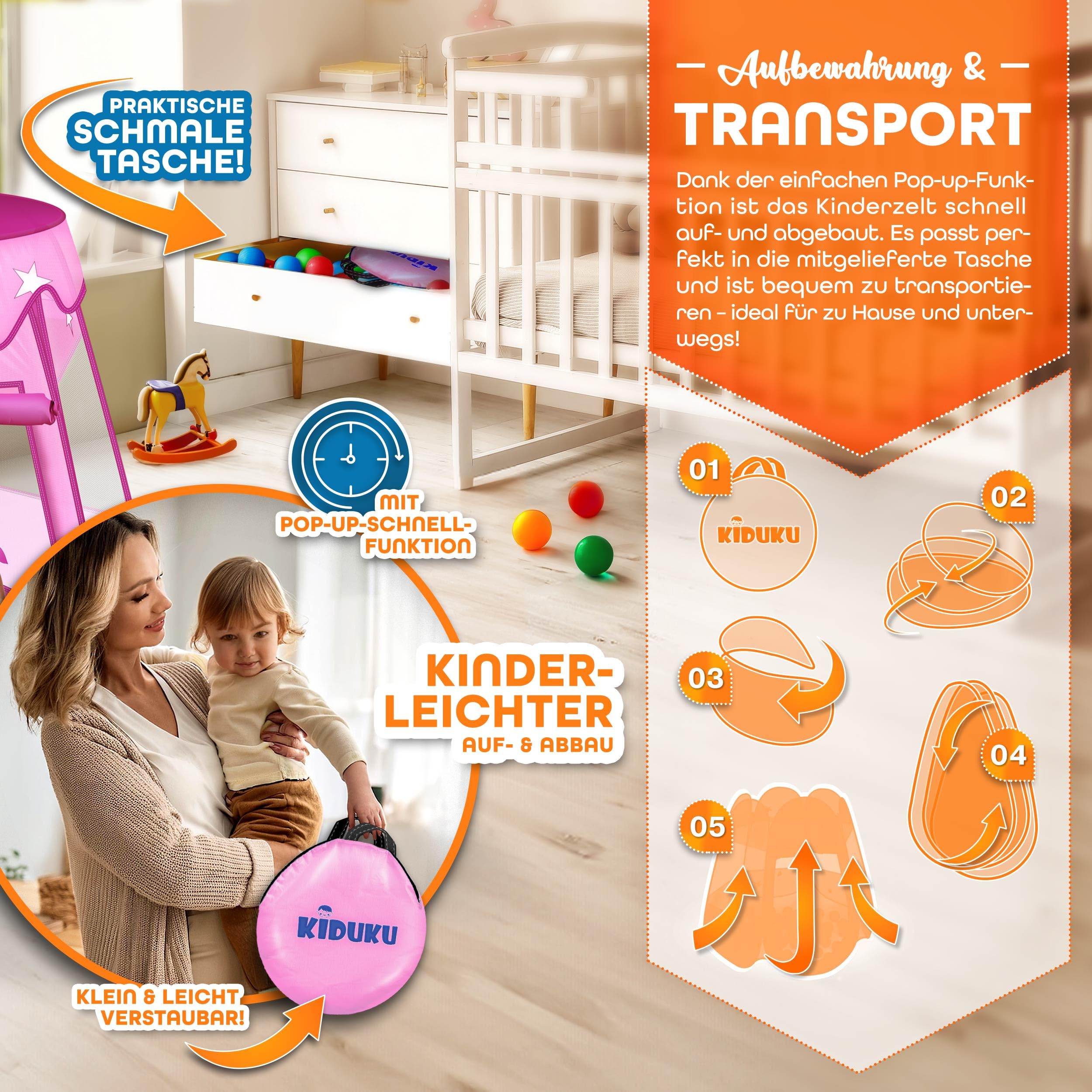 KIDUKU® Tenda da gioco per bambini pop up + 100 palline + borsa per interni ed esternim (Rosa)
