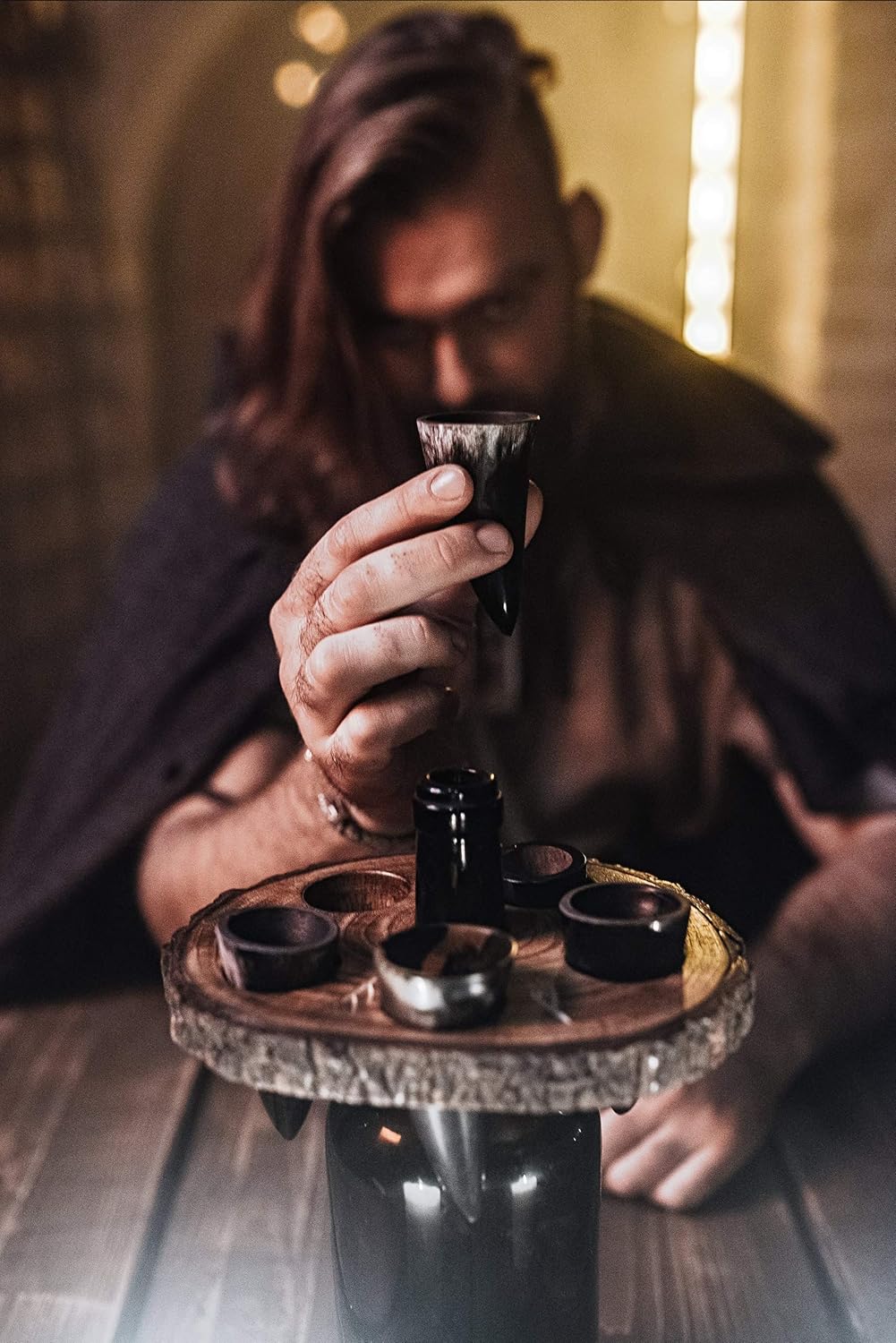 Norse Tradesman Genuine Drinking Horn Shot Glass Set (5) w/Rustic Wood Display Stand (Live Edge) | Engraved with Norse Runes | Packaged in Burlap Gift Sack - Image 9