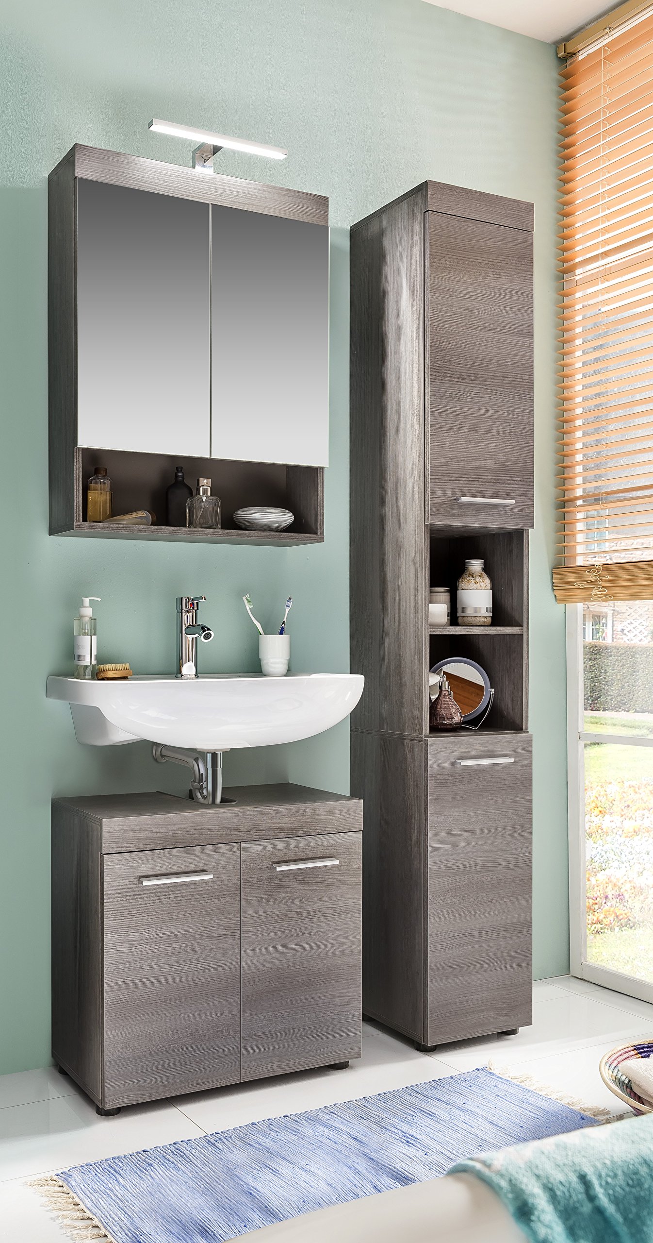 trendteam smart living - Runner - Badkombination - Grau - Hochschrank, Waschbeckenunterschrank, Spiegelschrank - (BxHxT) 103 x 190 x 31 cm - silberfarbener Griff