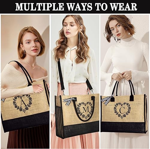 Miniatura 2 de Initial Jute Tote Bag for Women Beach Bag Tote with Zipper Adjustable Strap Bridesmaid Gifts Birthday Gifts for Women