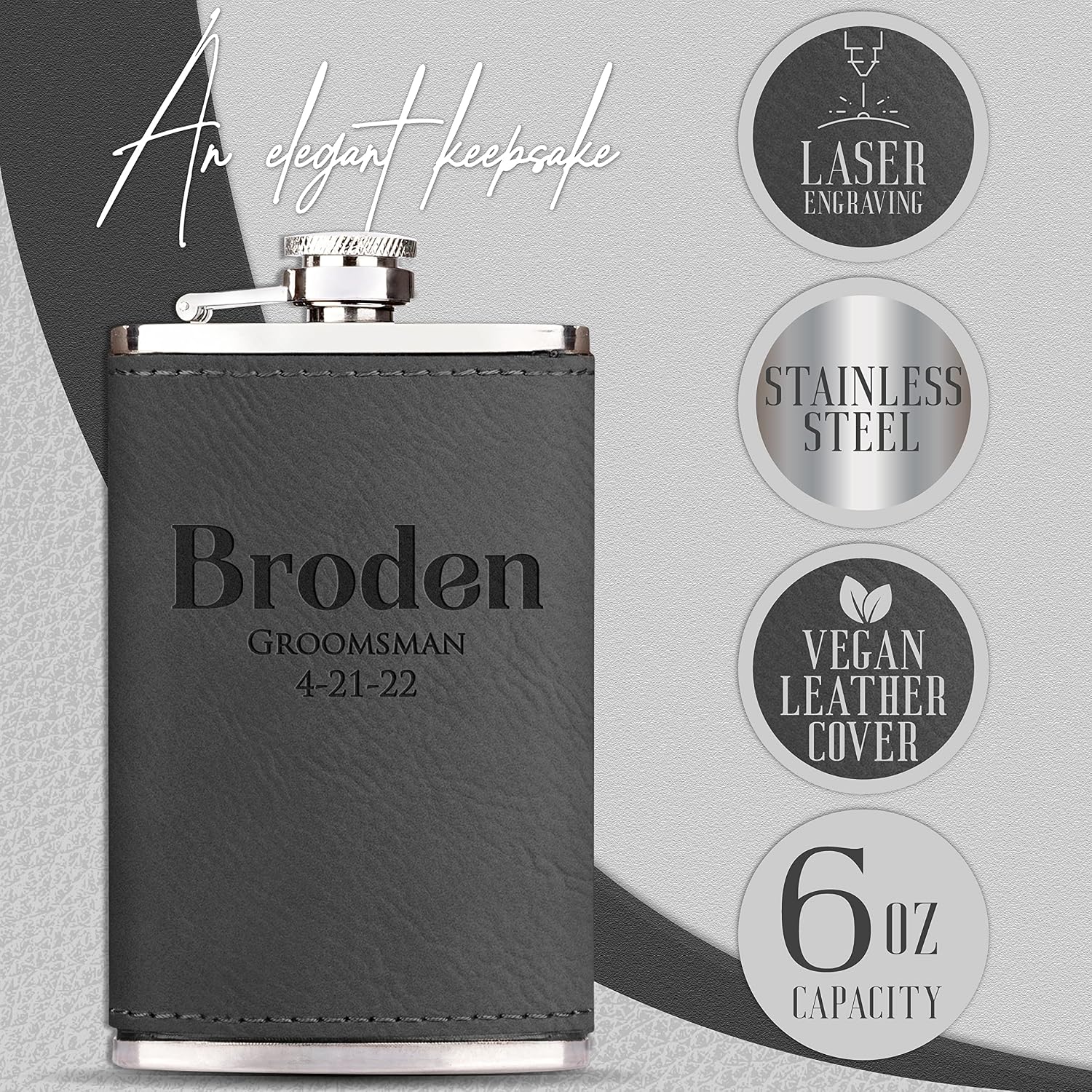 Groomsmen Gifts Set of 3, Personalized Hip Flasks, Groomsmen Proposal, 6 Oz Engraved Leatherette Flasks for Men, Best Man Gifts for Wedding, Groomsmen Gifts for Wedding - Grey #1