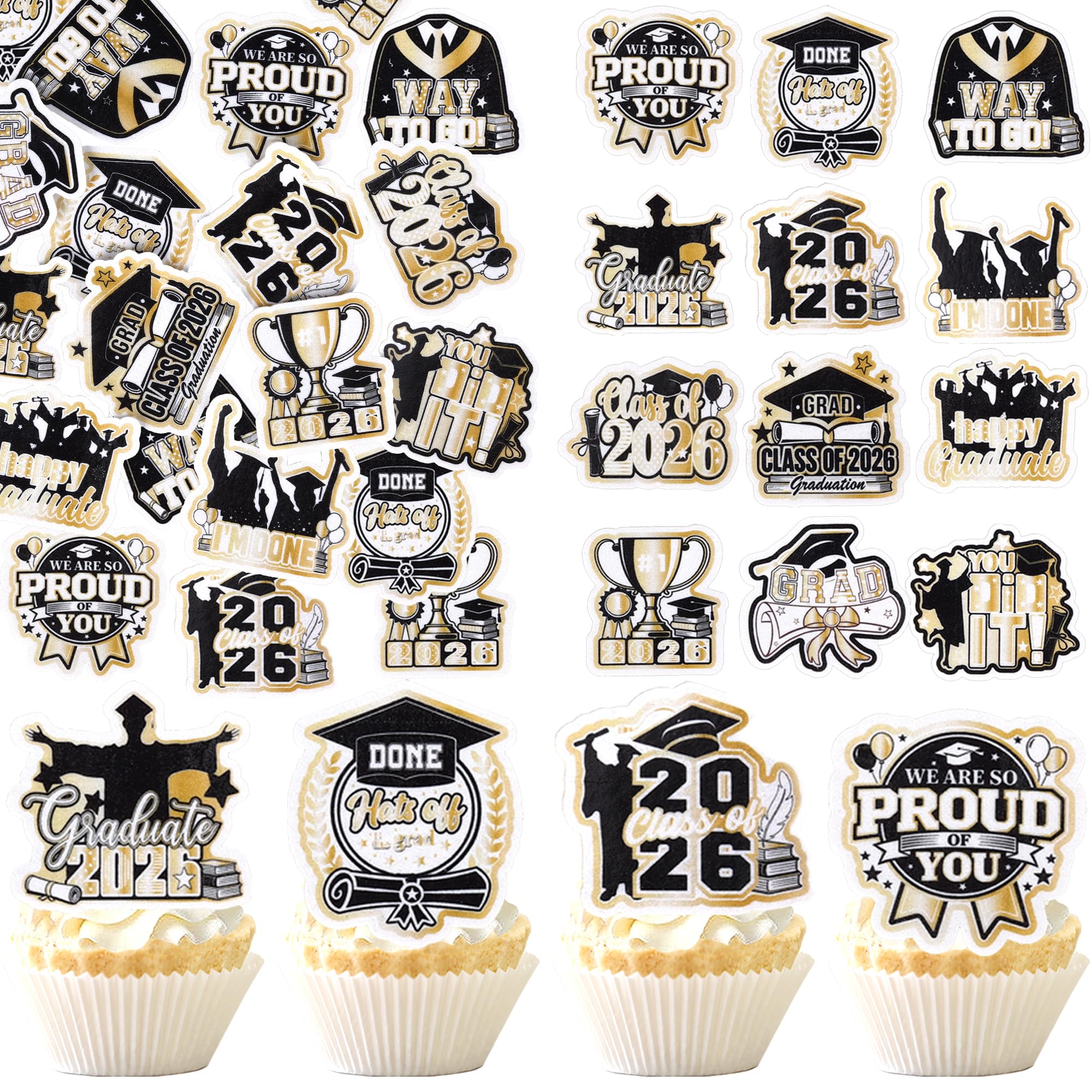 SYKYCTCY 60 Pack Edible Class of 2026 Cupcake Toppers Wafer Paper 2026 Graduation Cupcake Picks So Proud of You Done Diploma Grad Cap Cake Decorations for 2026 Graduation Theme Party Supplies