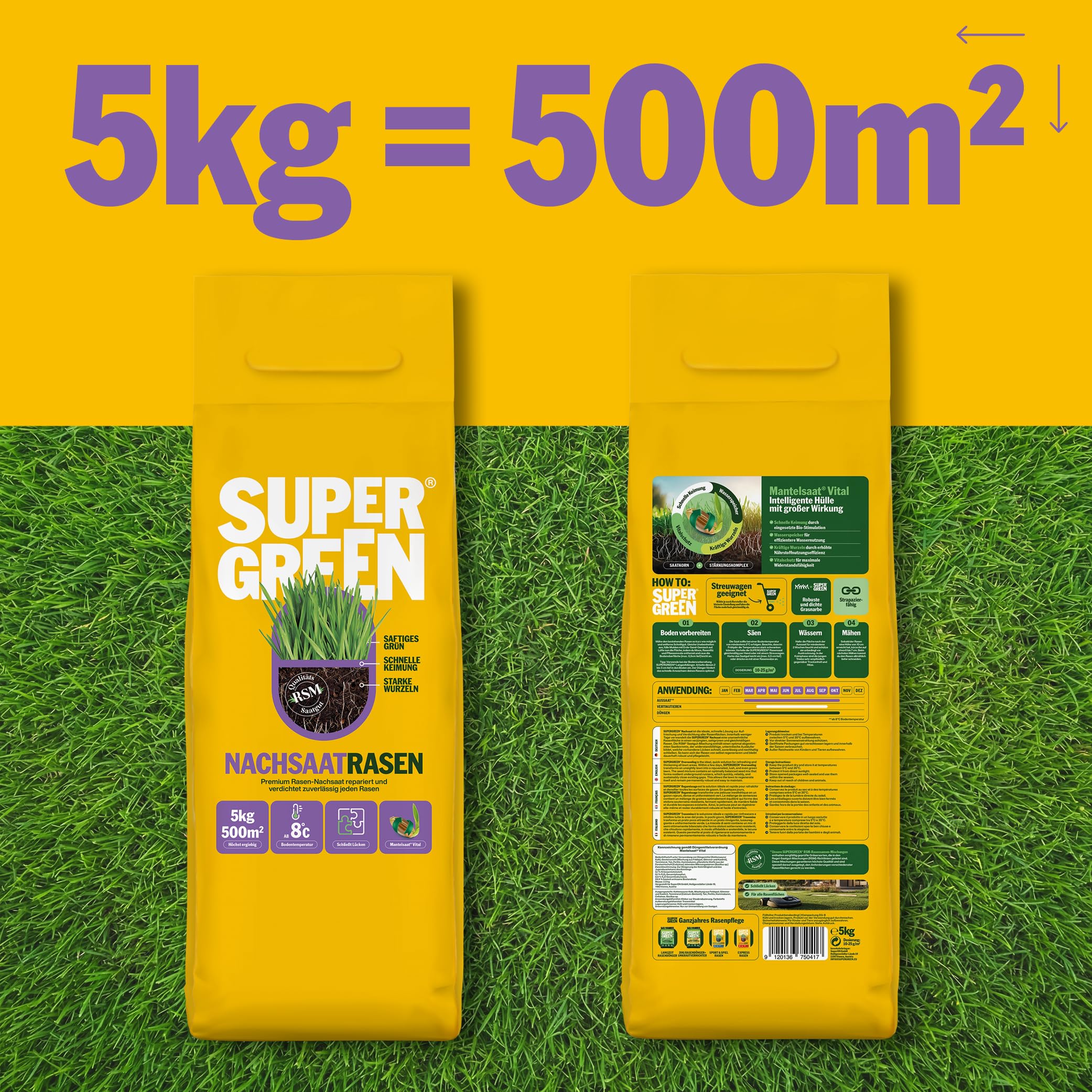 SUPERGREEN Nachsaatrasen Rasensamen | 5 kg für 500m² | Premium Nachsaat für dichten, sattgrünen Rasen | Schließt Lücken schnell & regeneriert Flächen | RSM Qualität & Mantelsaat® Vital