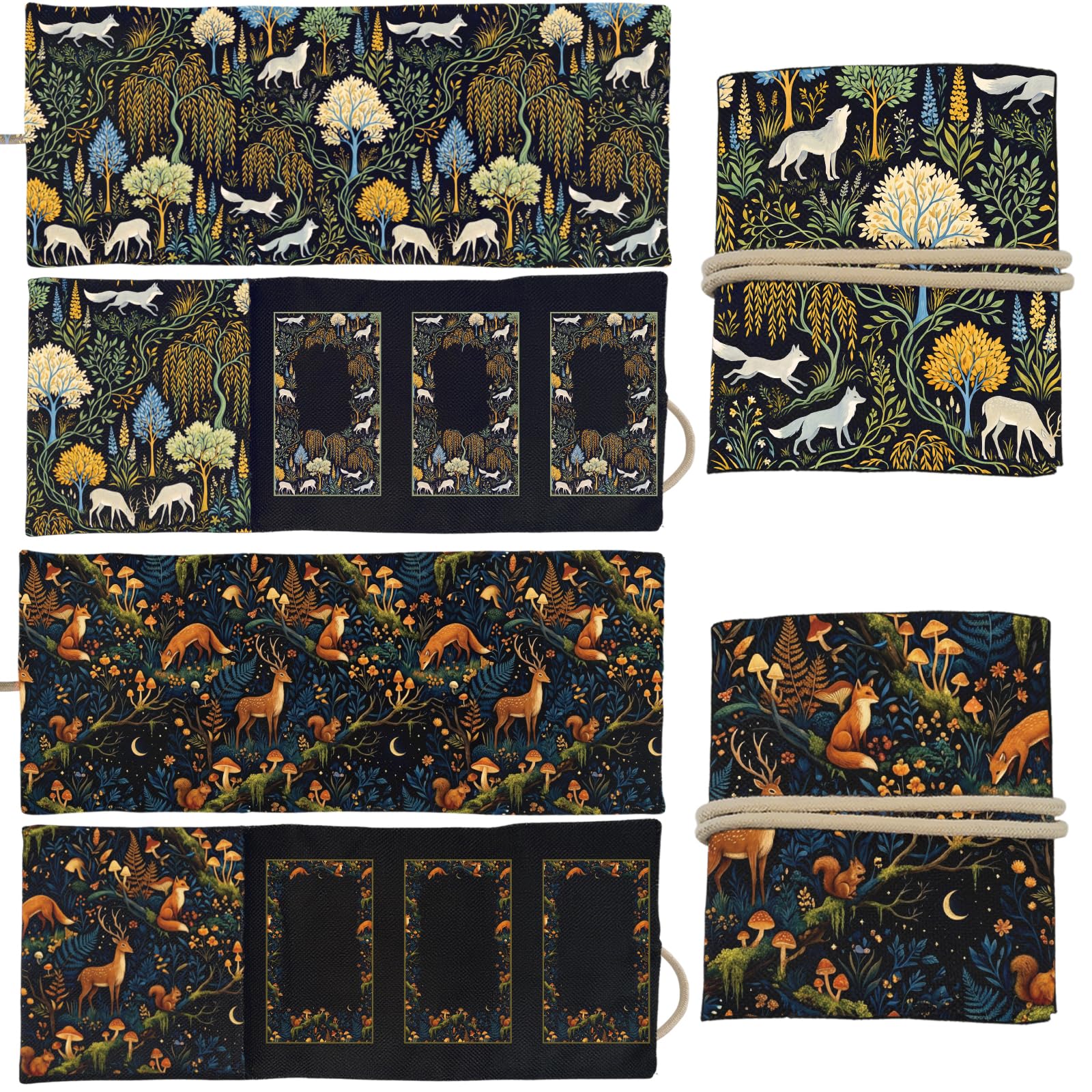 GLOBLELAND 2 Pcs Forest Animals Tarot Card Holder Mushrooms Trees Polyester Tarot Magic Divination Deer Fox Squirrel Large Storage Pouch Accessories for Playing Cards and Tarots