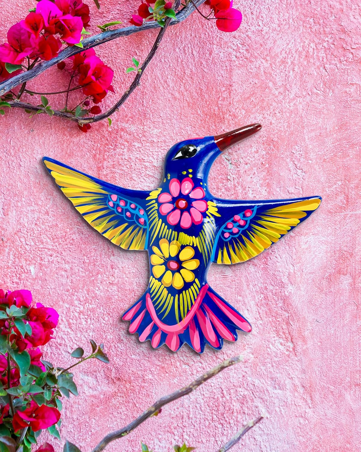 Enchanted Talavera Handmade Hummingbird Authentic Mexican Ceramic Outdoor & Indoor Wall Art Decor - Bright Colorful Hand Painted Garden, Patio, Kitchen, Yard, Fence Decoration - Housewarming Gifts
