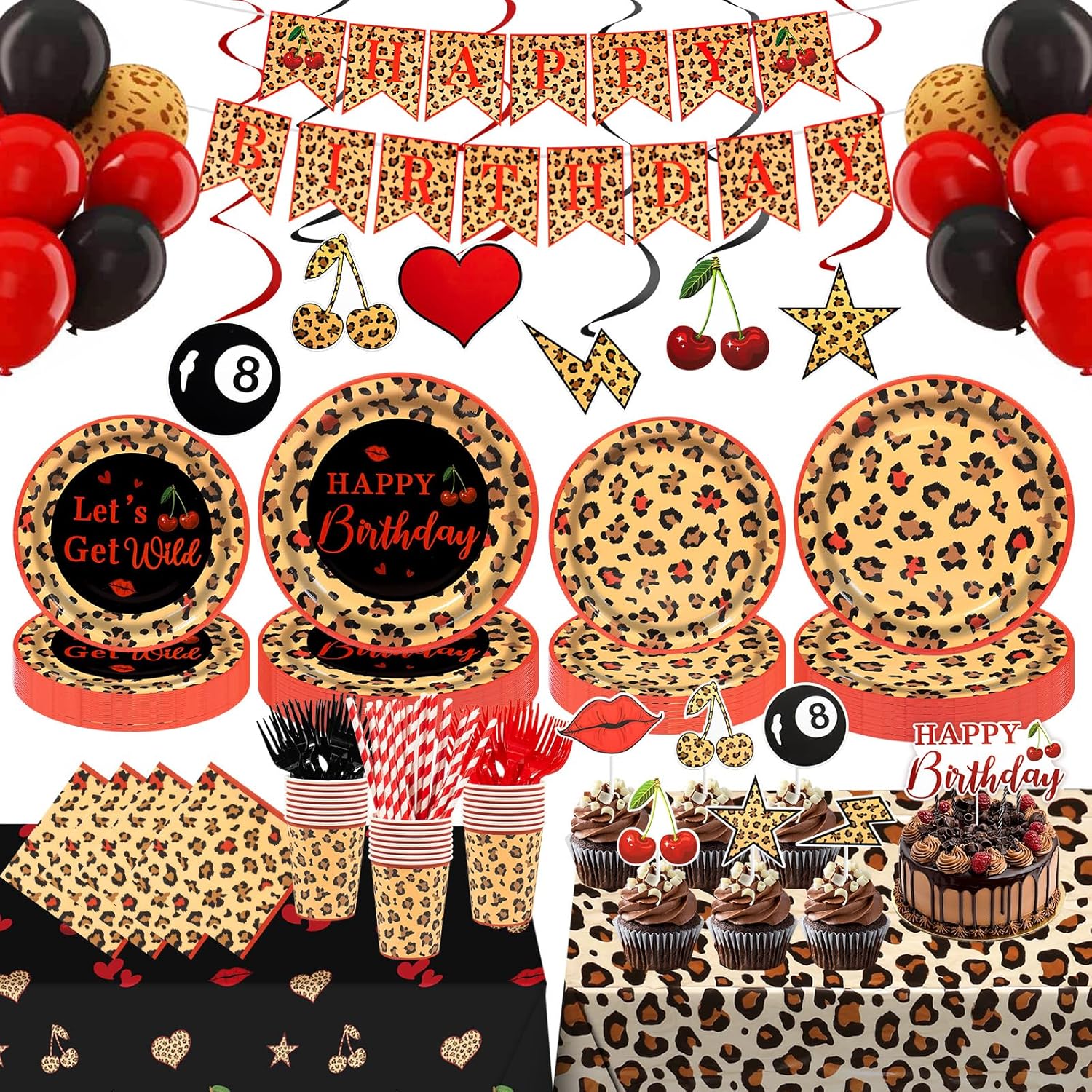 192Pcs Red Cheetah Print Birthday Party Decorations Serve 24 Guests,Leopard Birthday Decorations Includes Plates Napkins Banner Tablecloth Balloons Cake Topper,for Girls Women Big Mama Party