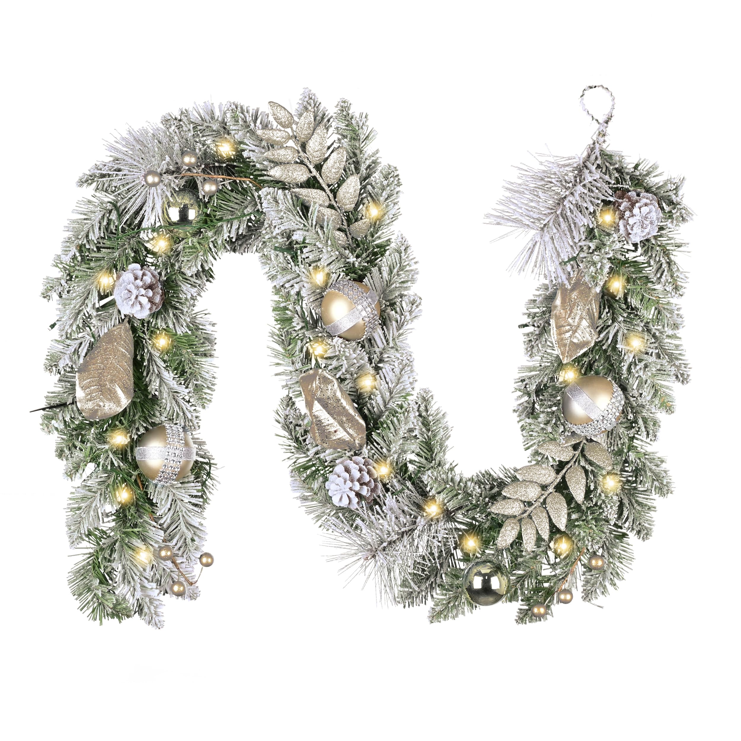 Valery Madelyn 152CM Weihnachtsgirlande mit 20 Led Timer Lichtern und Tannenzapfen Weihnachtskugeln, Tannengirlande Weihnachtsdeko für Treppe Tisch Außen Kaminsims Haustür, Weiß Gold