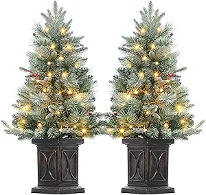 GarveeHome 3ft Small Christmas Tree 2 Set Pre-Lit Artificial Christmas Tree with 78 Led Lights, Snow Flocked Xmas Tree with Arc Brown Base, Timer Function, Battery Operated, for Home Christmas Decor