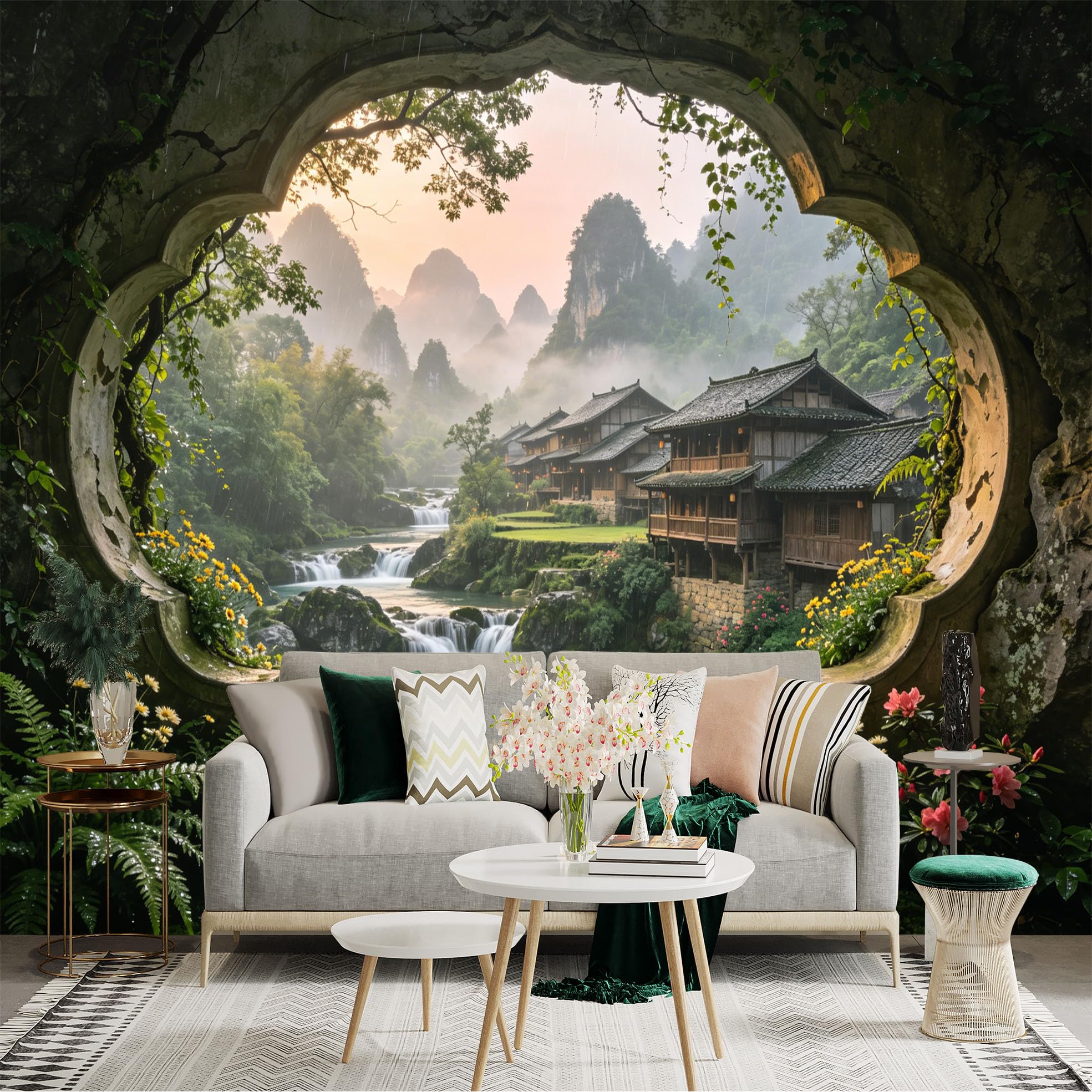 Custom Size Wall Sticker Mural， Tranquil Asian Village with Waterfalls， Mountains and Lush Garden， for wall Decoration， peelandstick wall Decals.