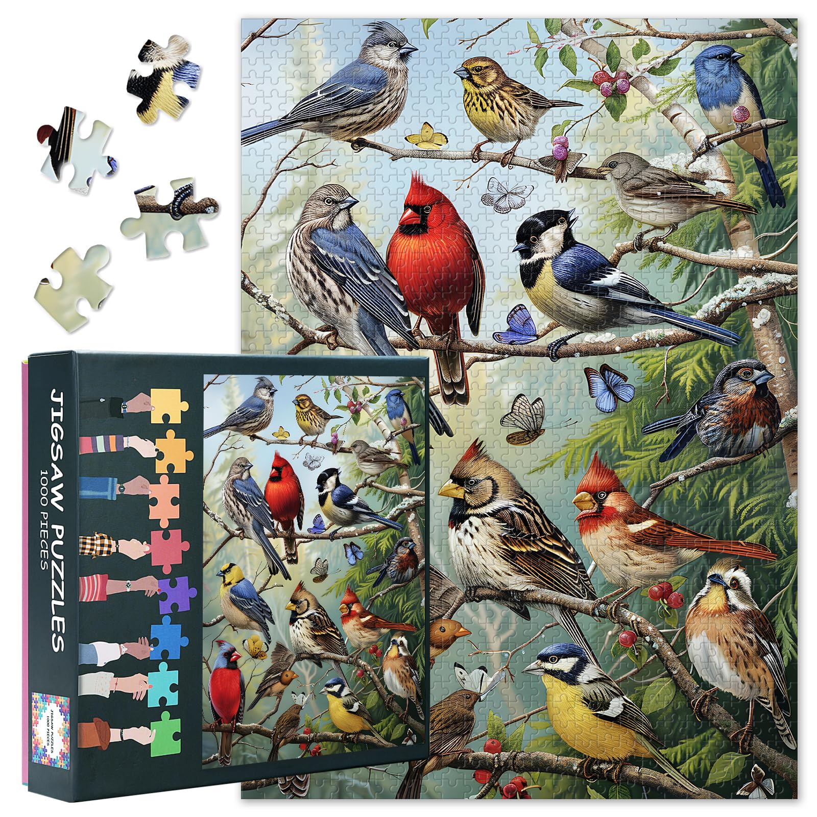 1000 Piece Puzzle for Adults & Jigsaw Puzzles - Birds Perched on a Tree with Cardinals, Vibrant Bird Flock Nature Scene - Adult Puzzles(27.5x19.7 Inches)