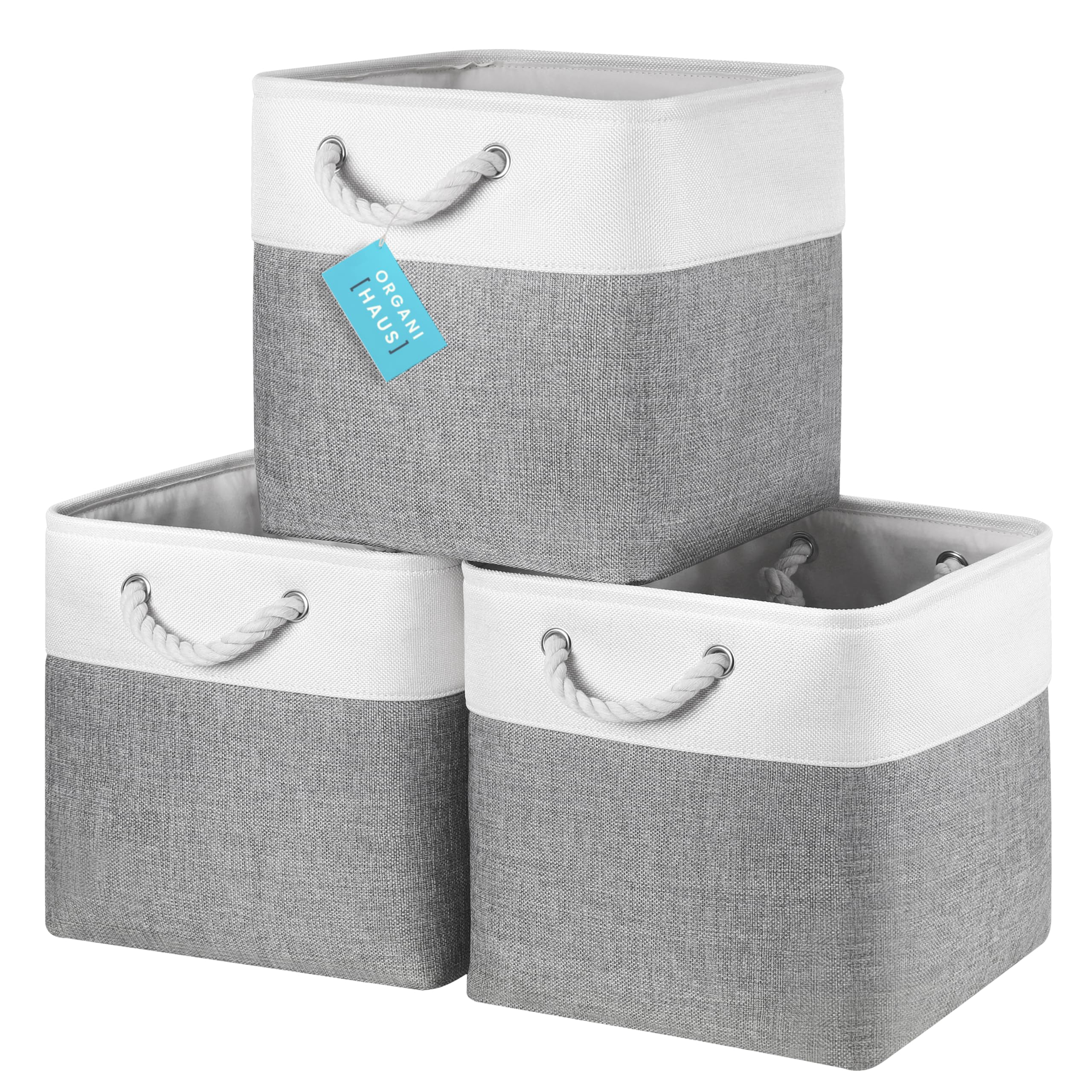 OrganiHaus Set di 3 Cubi Scatole Portaoggetti 30x30, Cestini Portaoggetti in Tessuto con Manici in Corda, Cubi Portaoggetti Pieghevoli per Libreria Kallax, Cestino per la Cameretta. Grigio/Bianco