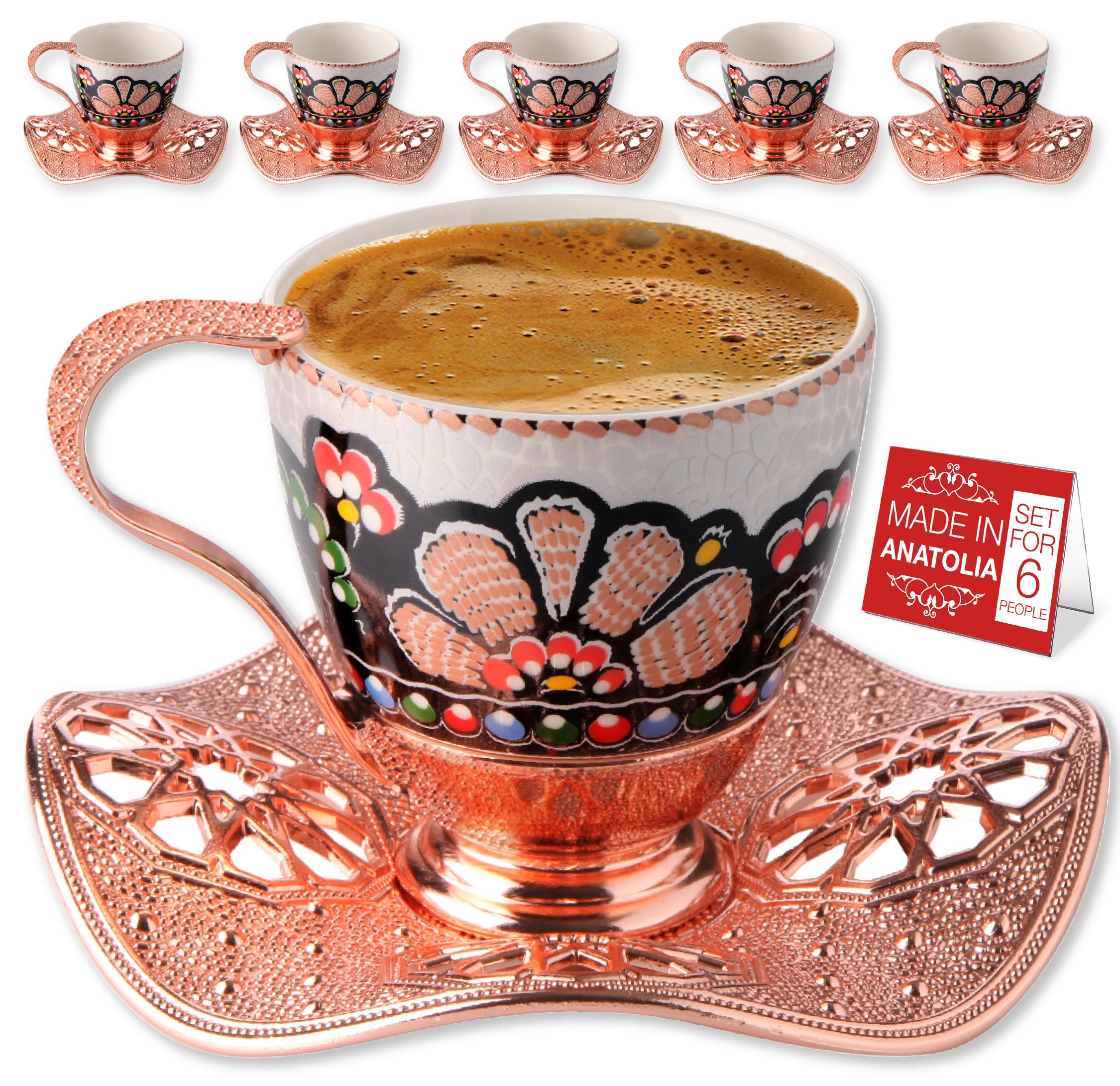 3 oz Set of 6 Turkish Coffee Cup, Handmade Wavy Design Saucers and Cup Holders | 18 Pcs Elegant Rosegold Espresso Mugs for Authentic Turkish, Greek, Arabic Coffee Experience | Juegos de Cafe Turcos