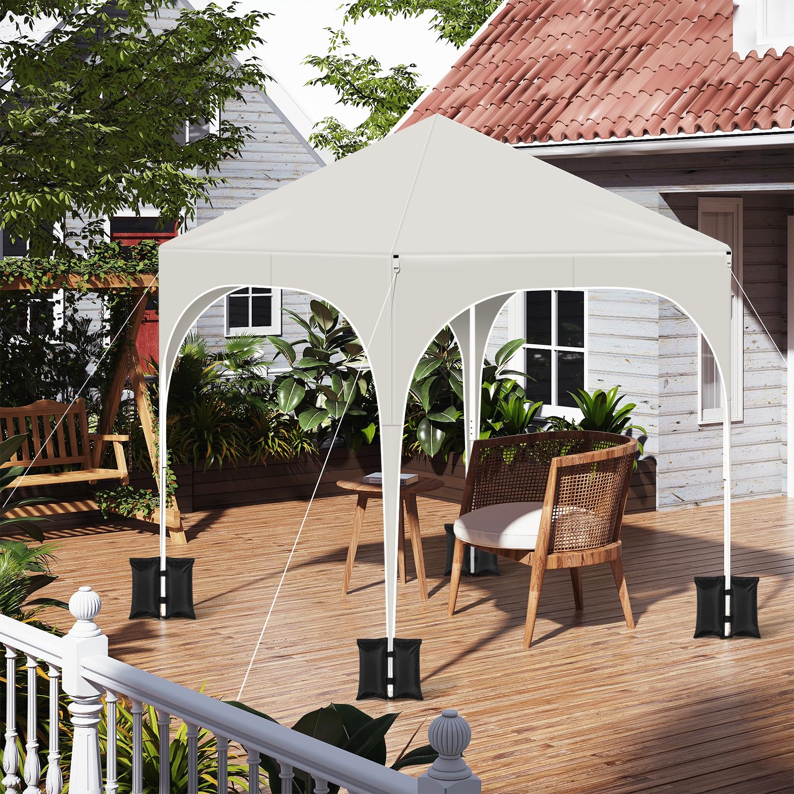 WOLTU Pavillon mit 4 Seitenteilen 4 Sandsäcke, Faltpavillon 2x2m mit Halbmonddach Tragetasche, Gartenpavillon wasserfest stabil UV-Schutz, Partyzelt Outdoor höhenverstellbar, Beige