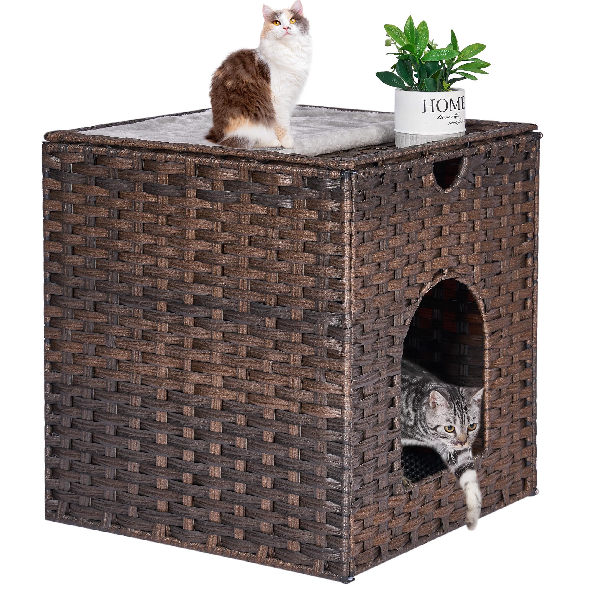 Hidden Cat Litter Box Furniture, Rattan Litter Box Enclosure Cabinet