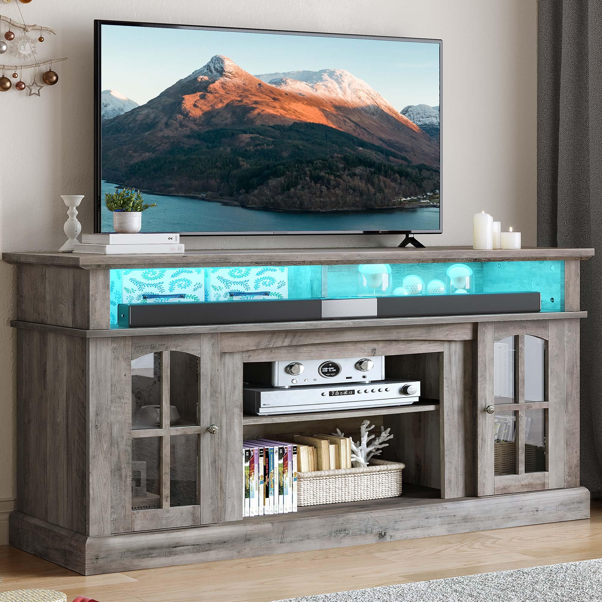 YITAHOME LED Modern TV Stand for 65 Inch w/Outlets, Farmhouse Entertainment Center with Glass Doors and Adjustable Storage Shelves, Media Console TV Cabinet for for Living Room, Grey