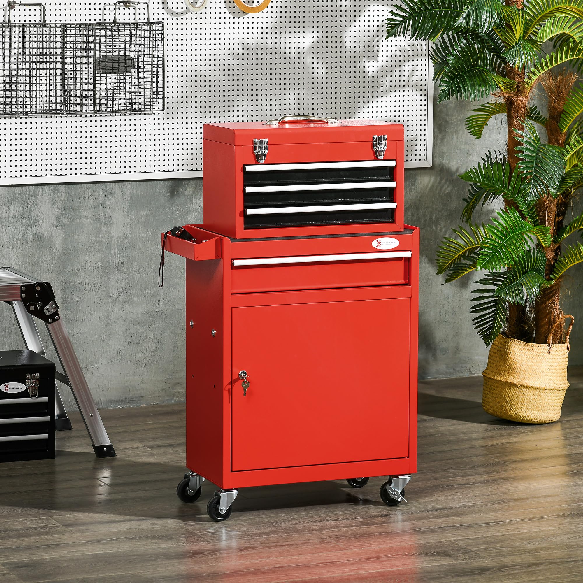 DURHAND Carrello Porta Attrezzi 2 in 1 Armadietto con Chiave Acciaio Rosso | Cassetta Portautensili Rimovibile, 4 Cassetti Totali