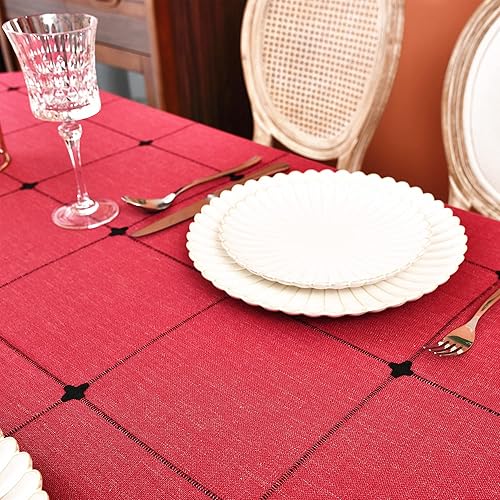 Miniatura 8 de Mantel ovalado rojo a cuadros de lino de algodón pesado a cuadros para comedor y cocina, decoración de mesa, 55 x 78 pulgadas