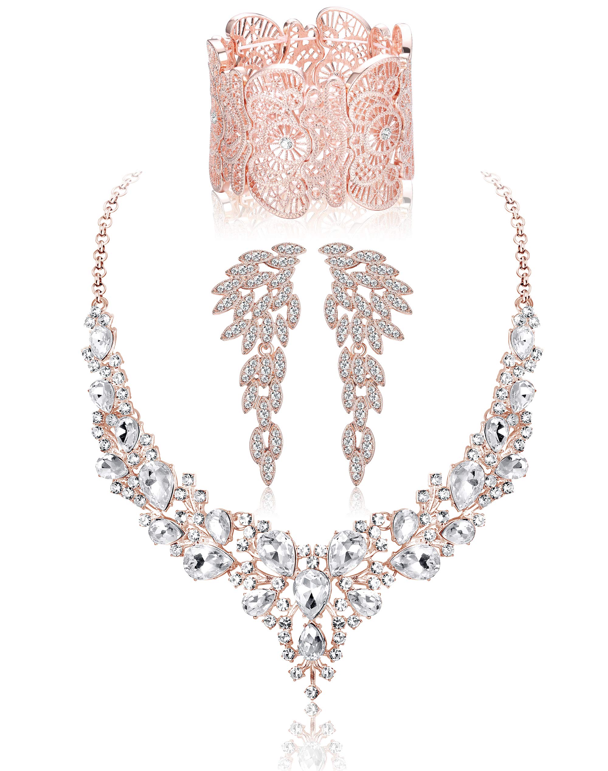 Kakonia Conjunto de joyería nupcial de cristal para boda para mujer, collar de diamantes de imitación, pendientes, pulsera, dama de honor, accesorios de novia, joyería