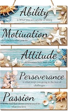 Riletese Ocean Beach Inspirational Wall Decor - 5 Pcs Wooden Rustic Office Wall Decor, Positive Wall Art Decor for Living Room, Inspiring Quotes Hanging Plaque Sign for Home Office Room