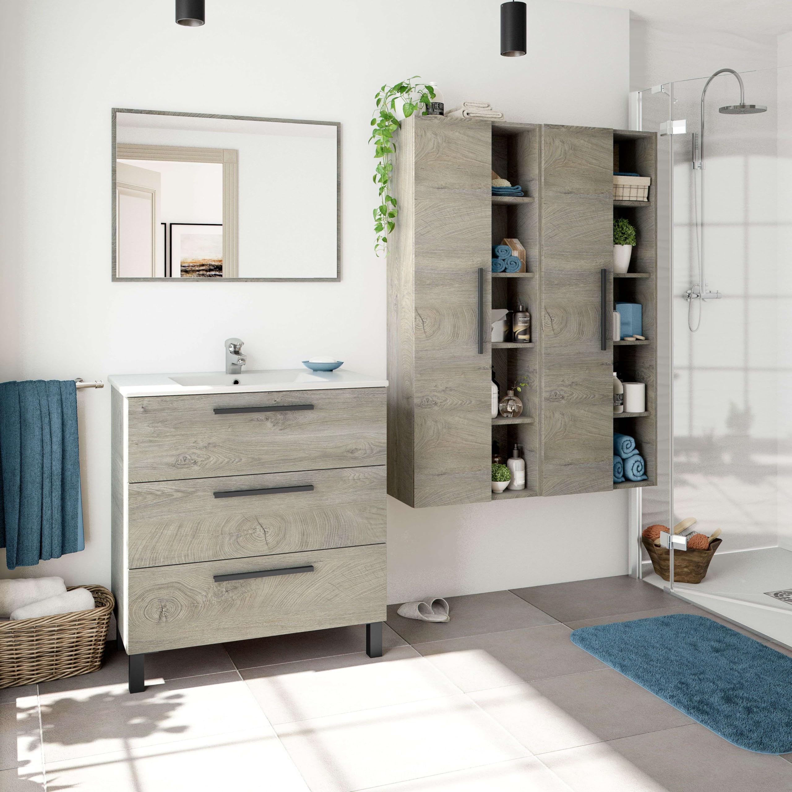 ARKITMOBEL Mueble de Baño Athena con 3 Cajones y Espejo, Módulo de Lavabo con Patas, Color Roble Alaska, Medidas: 80x86x45 cm (Lavabo No Incluido)