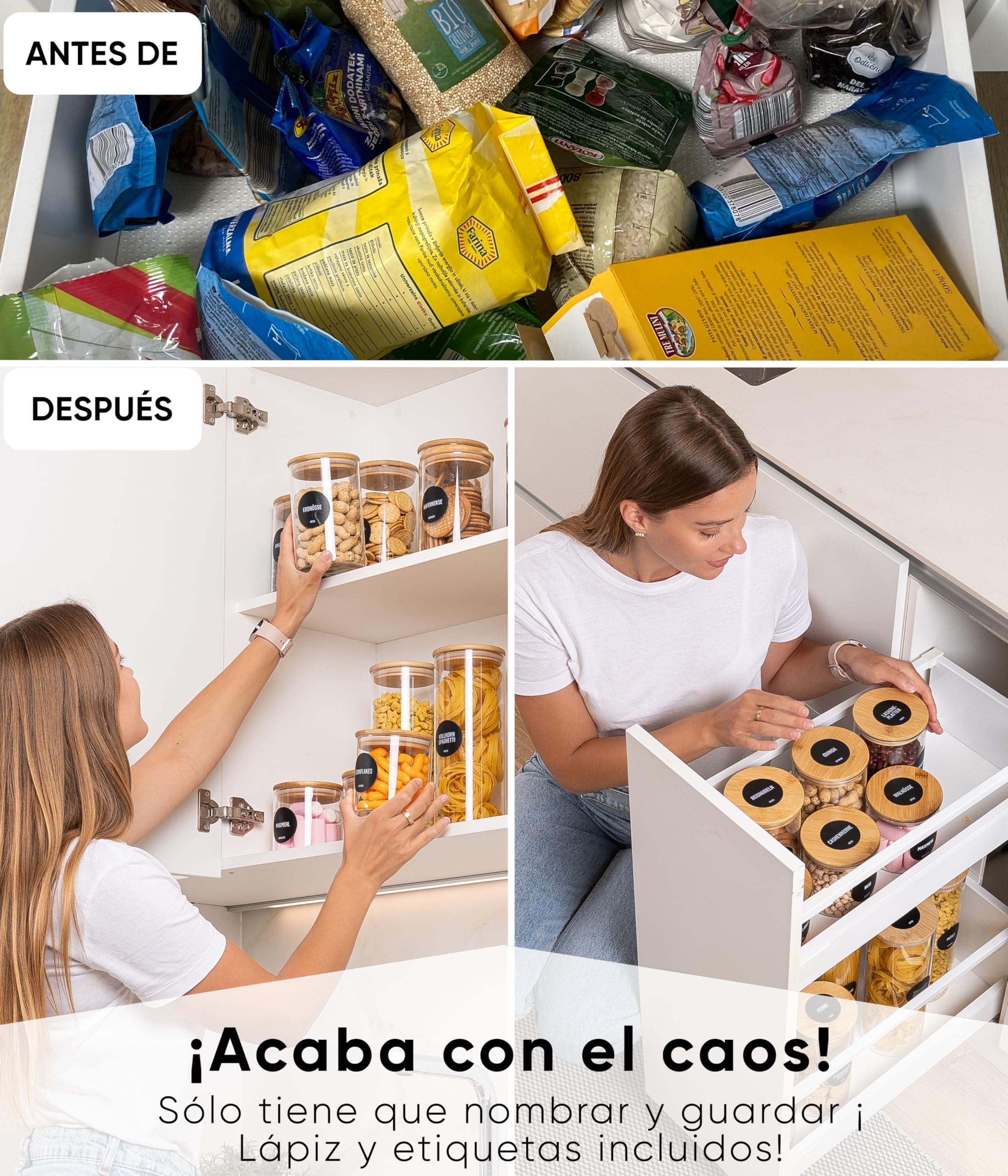 Deco haus® Tarros de Cristal con Tapa hermética, Juego de 8 [+ Etiquetas], Botes Cocina Almacenaje, Tarros Cristal con Tapa de Madera, Frascos de vidrio Apto para Harina, Café, Pasta | Tarros de cristal con tapa para cereales, cereales, harina y demás