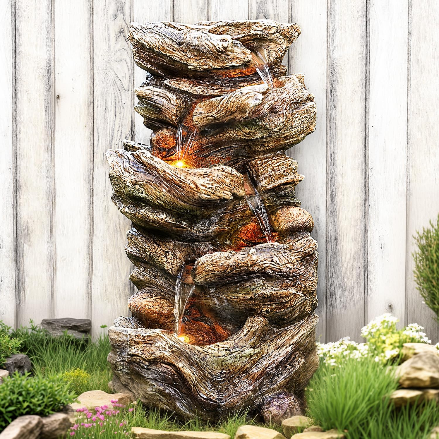 JOCOEVOL 32" 5-Tier Cascading Rock Outdoor Water Fountain with LED Lights - Garden Patio Yard Tranquil Decor
