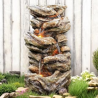 JOCOEVOL 32" 5-Tier Cascading Rock Outdoor Water Fountain with LED Lights - Garden Patio Yard Tranquil Decor