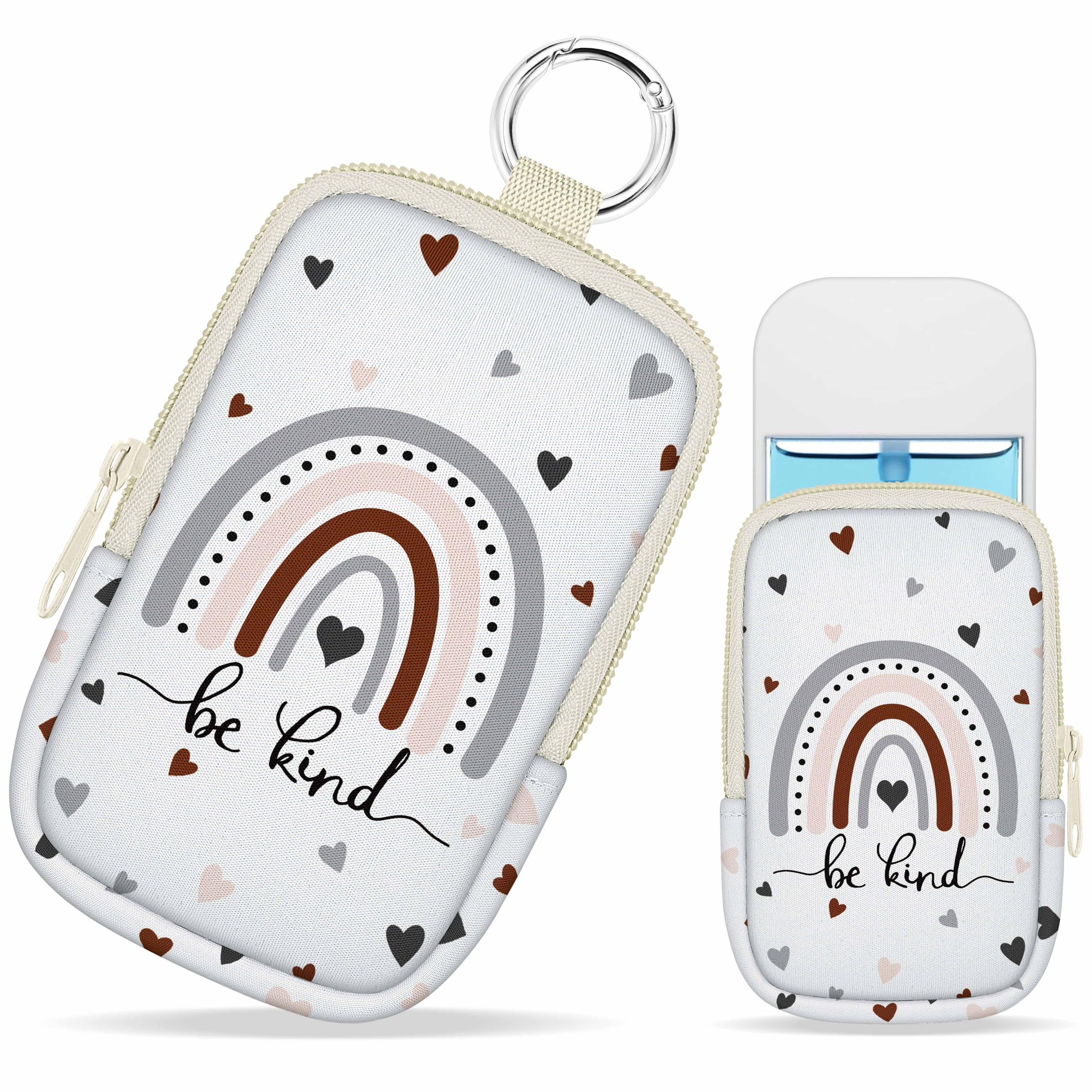 Mcapirivo Hand Sanitizer Spray Case, Rainbow Be Kind Hand Sanitizer Holder Zippered Pouch, Cute Fashion Accessory with Snap Hook for Glow Mist and