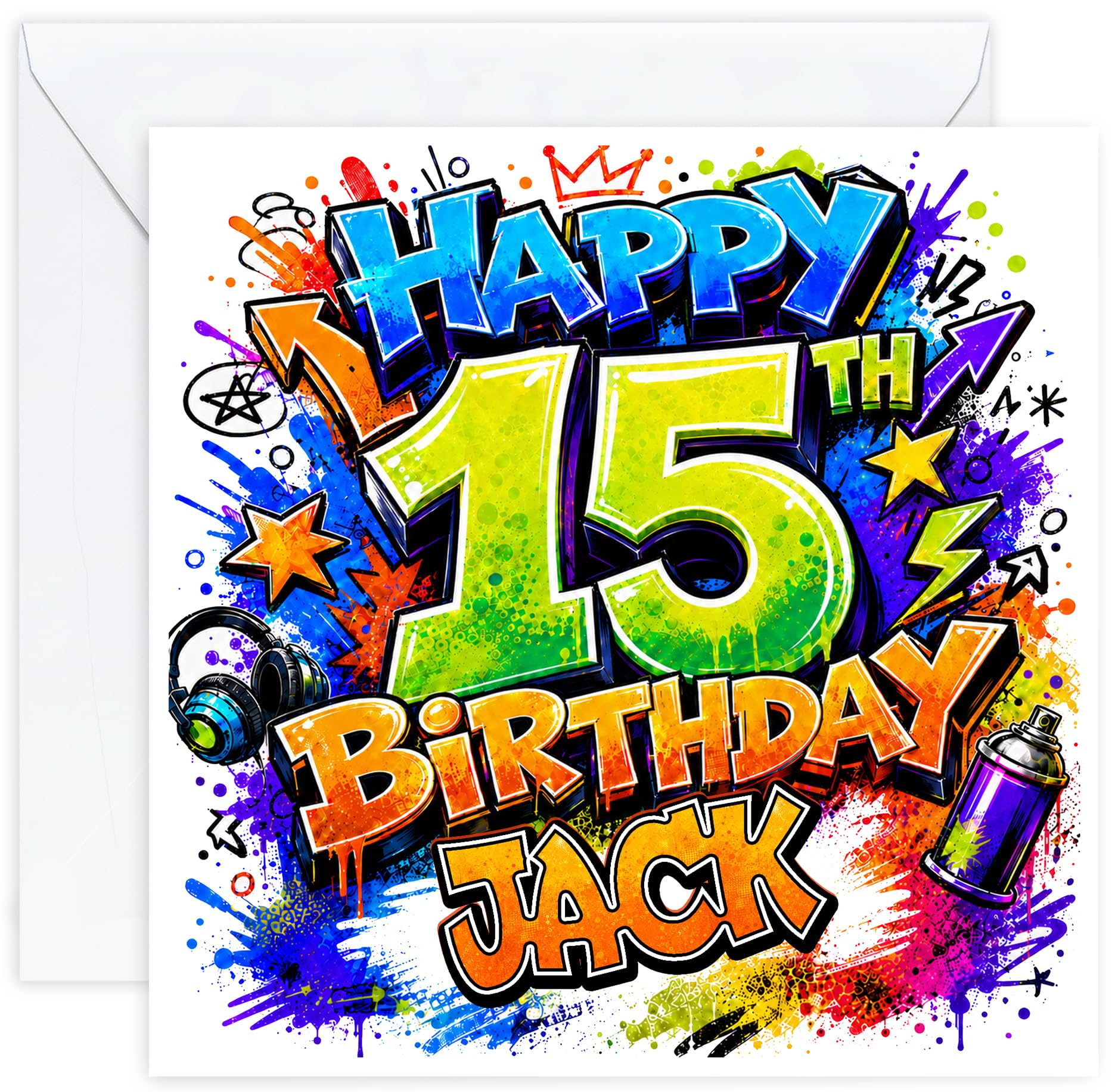 Personalised 15th Birthday Card for Boy | Graffiti Birthday Card for 15 Year Old Boys Teenager | Add His Name | Son Grandson Nephew Brother | Optional Printed Inside Message
