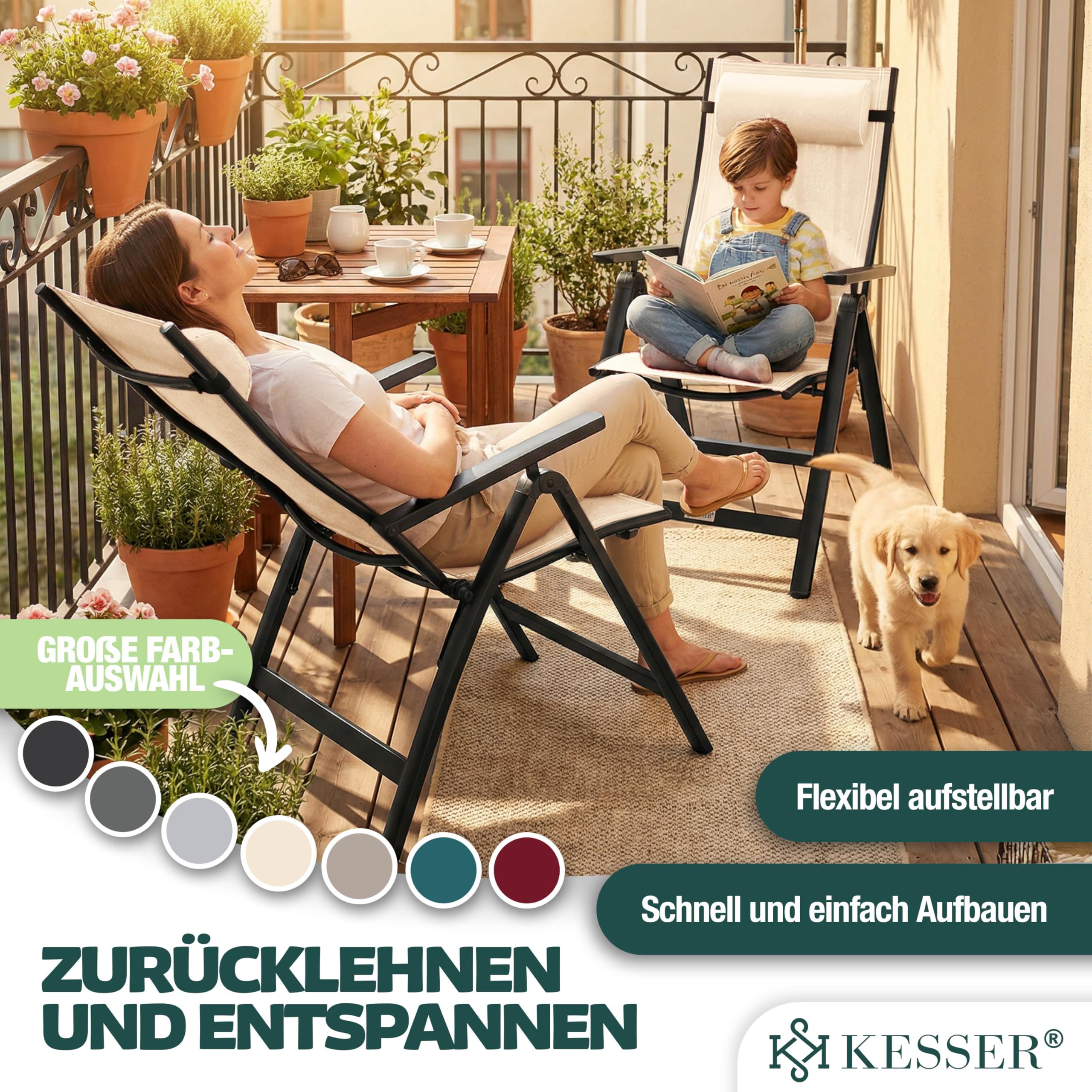 KESSER® Sedia da giardino con schienale Alto, con braccioli, in alluminio, con cuscino, regolabile in 7 posizioni, Resistente Alle Intemperie, pieghevole, 1 Unidad, Beige