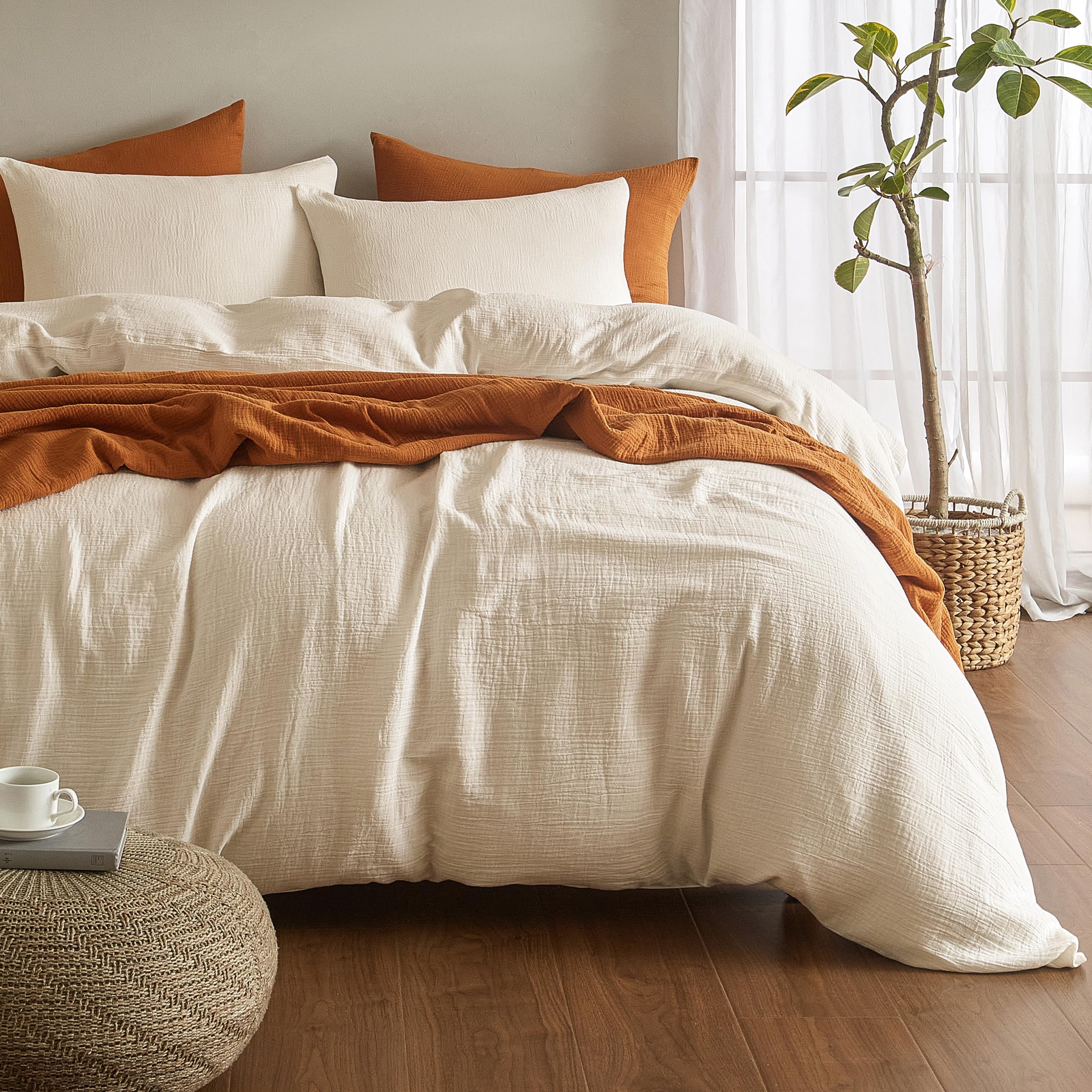 SE SOFTEXLY Muslin Duvet Cover Queen Size, 100% Washed Cotton Duvet Cover Set, Ultra Soft Comforter Cover Linen Like, 3 Pieces Minimalist Gauze Duvet