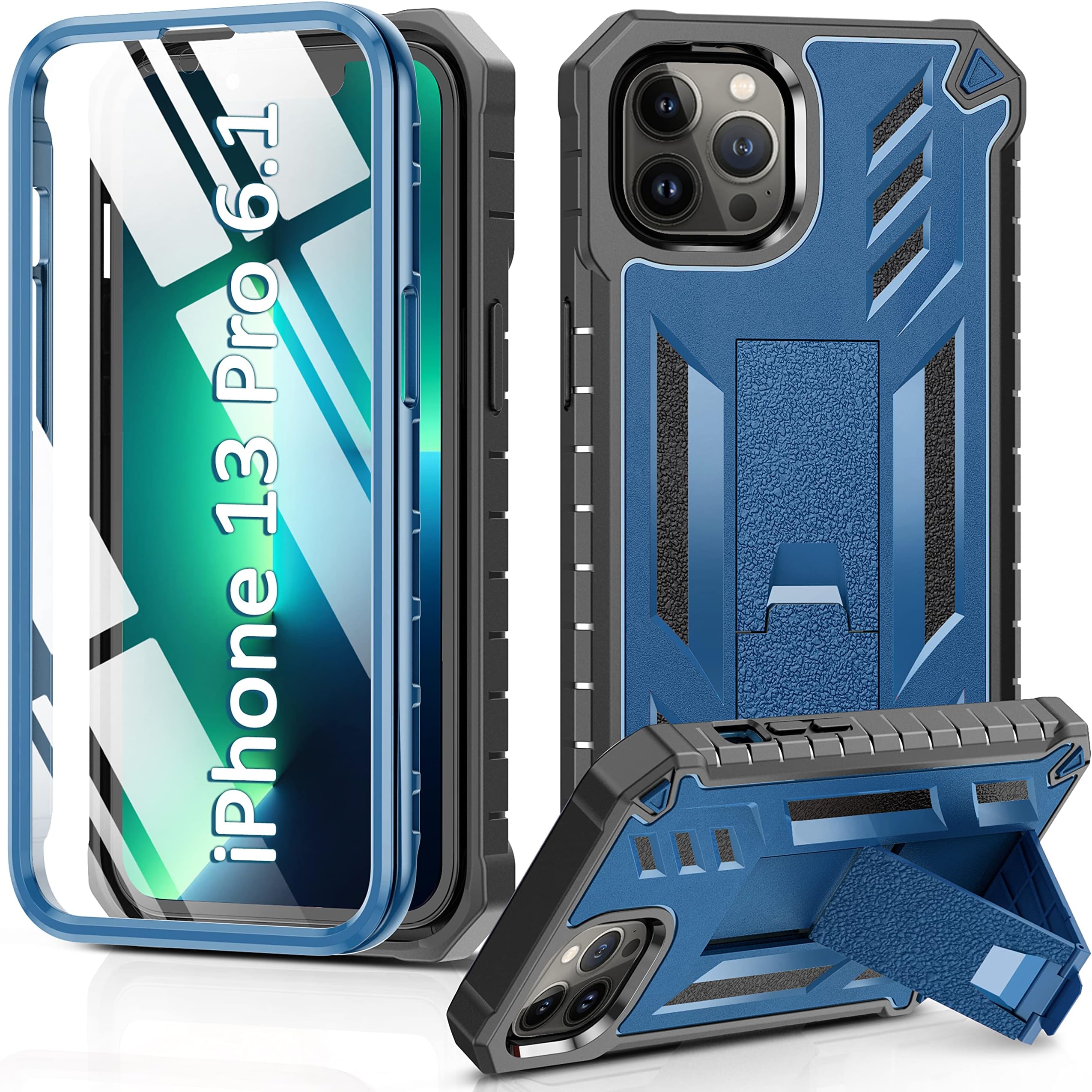 SOiOS for iPhone 13-Pro Phone Case: Military Grade Drop Proof Protection Mobile Cover with Kickstand | Matte Textured Rugged Shockproof TPU | Protective Sturdy Case - Blue(Not for 13 Pro Max)