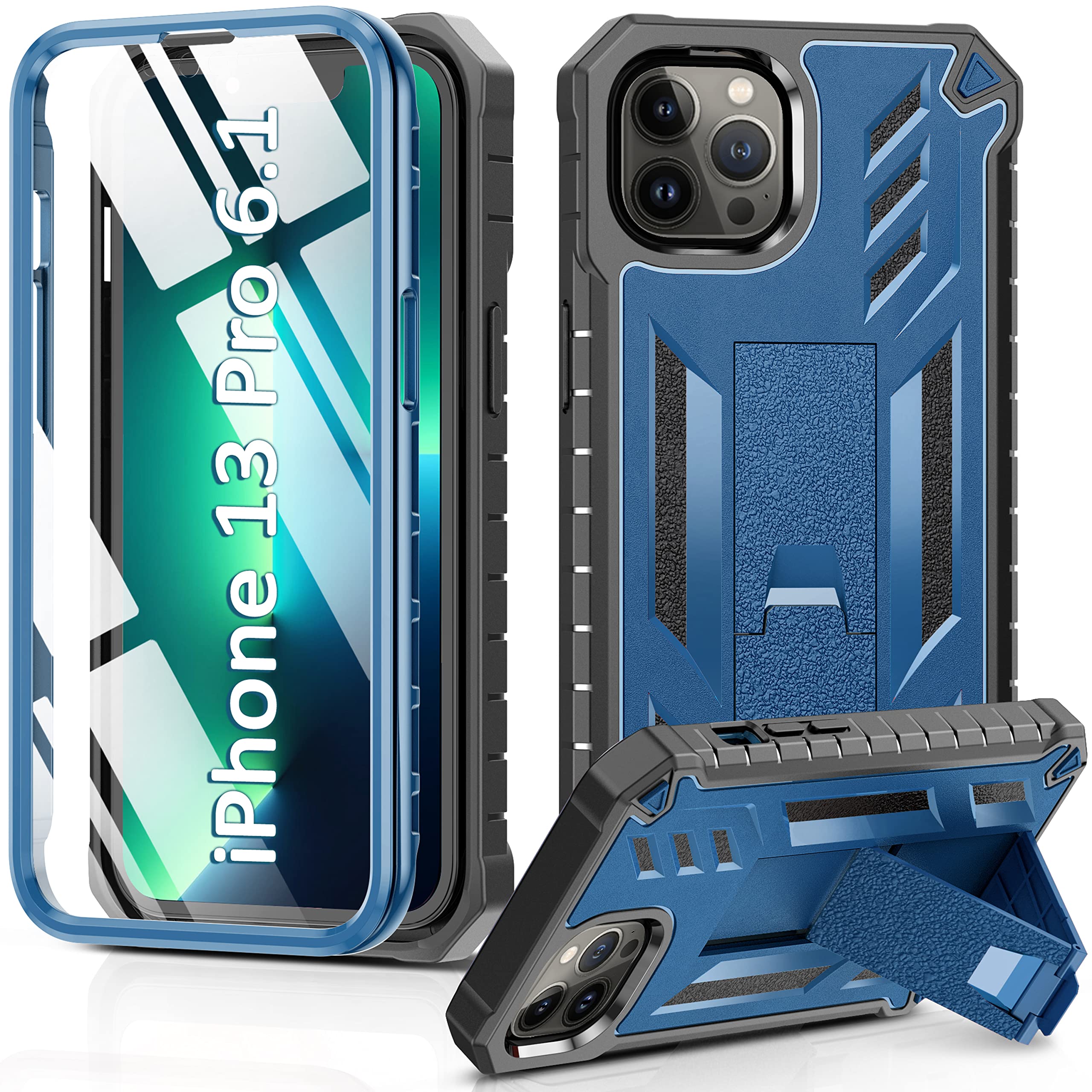 SOiOS for iPhone 13-Pro Phone Case: Military Grade Drop Proof Protection Mobile Cover with Kickstand | Matte Textured Rugged Shockproof TPU | Protective Sturdy Case - Blue(Not for 13 Pro Max)