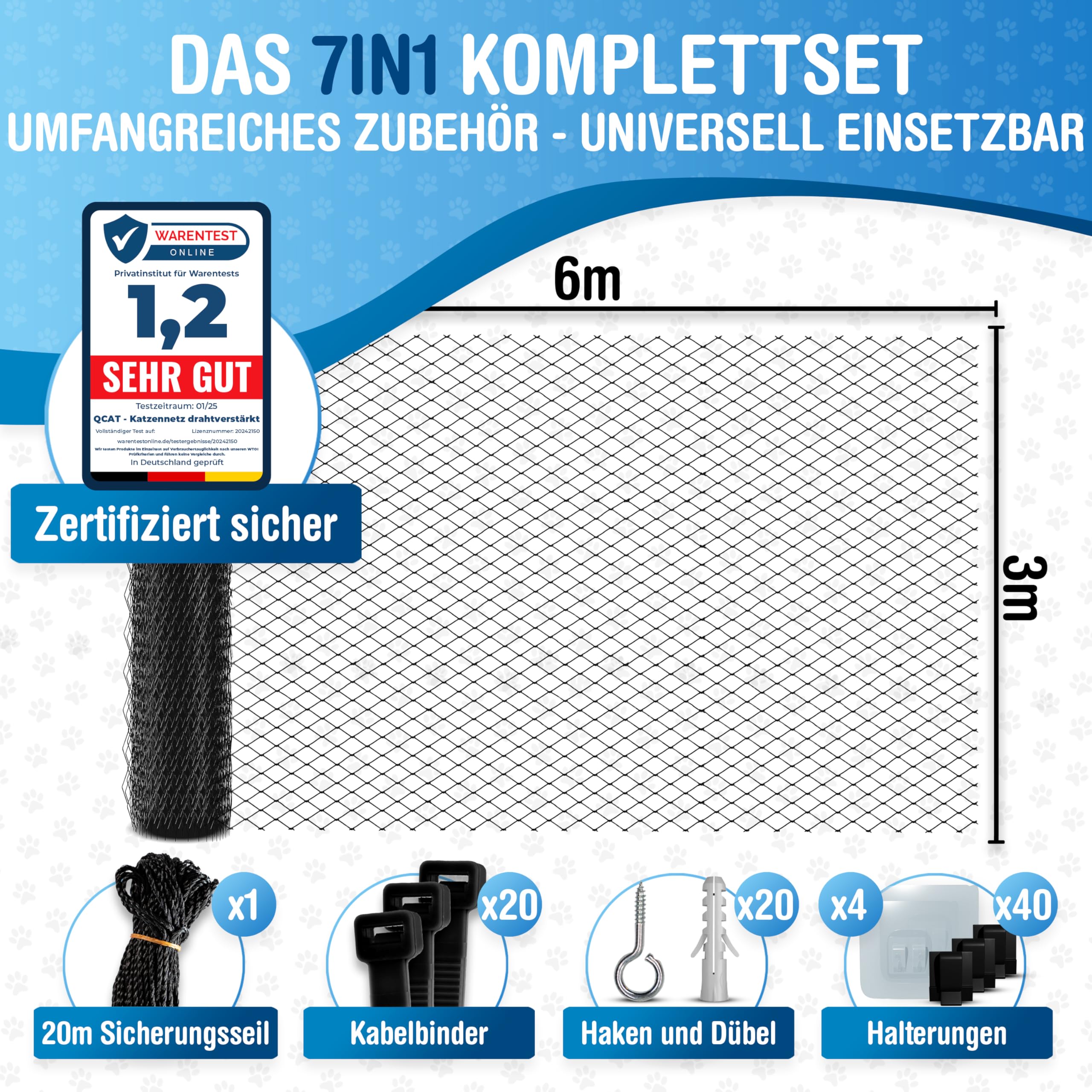 QCAT - Rete per gatti 7 in 1 per balcone [extra rinforzato] | universale, senza foratura, adattabile | rete per balconi, finestre (6 x 3 m, nero)