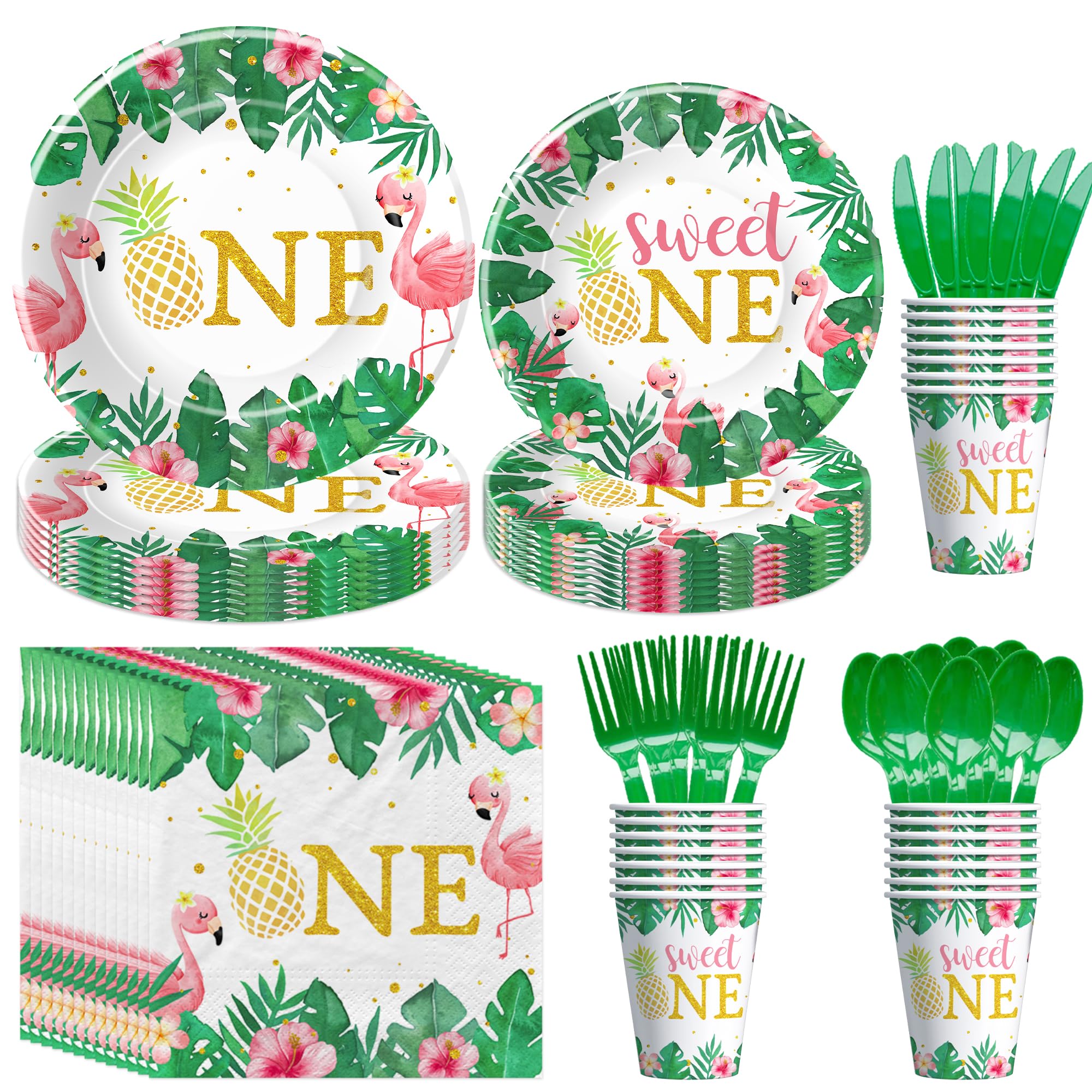 Suhelkit Flamingo First Birthday Decorations - Flamingo 1st Party Supplies, Plate, Napkin, Cup, Cutlery, Tropical Hawaiian Party Decorations For