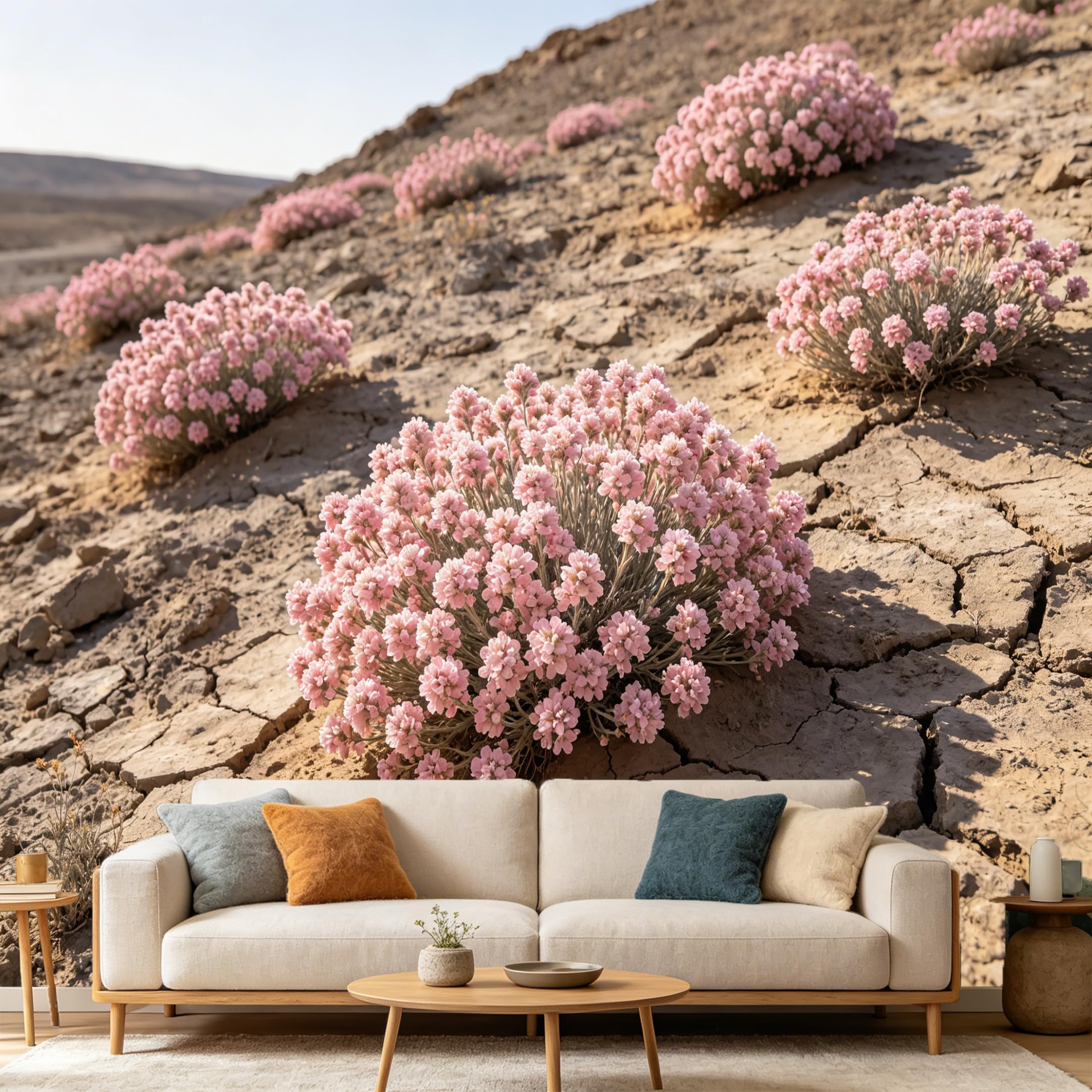 Custom Size Wall Mural Pink Wildflower Desert Landscape Dry Cracked Earth Terrain Botanical Nature Scenery SelfAdhesive Art Prints wall Fabric（No PVC） Removable Wallpaper Home Bedroom Decor