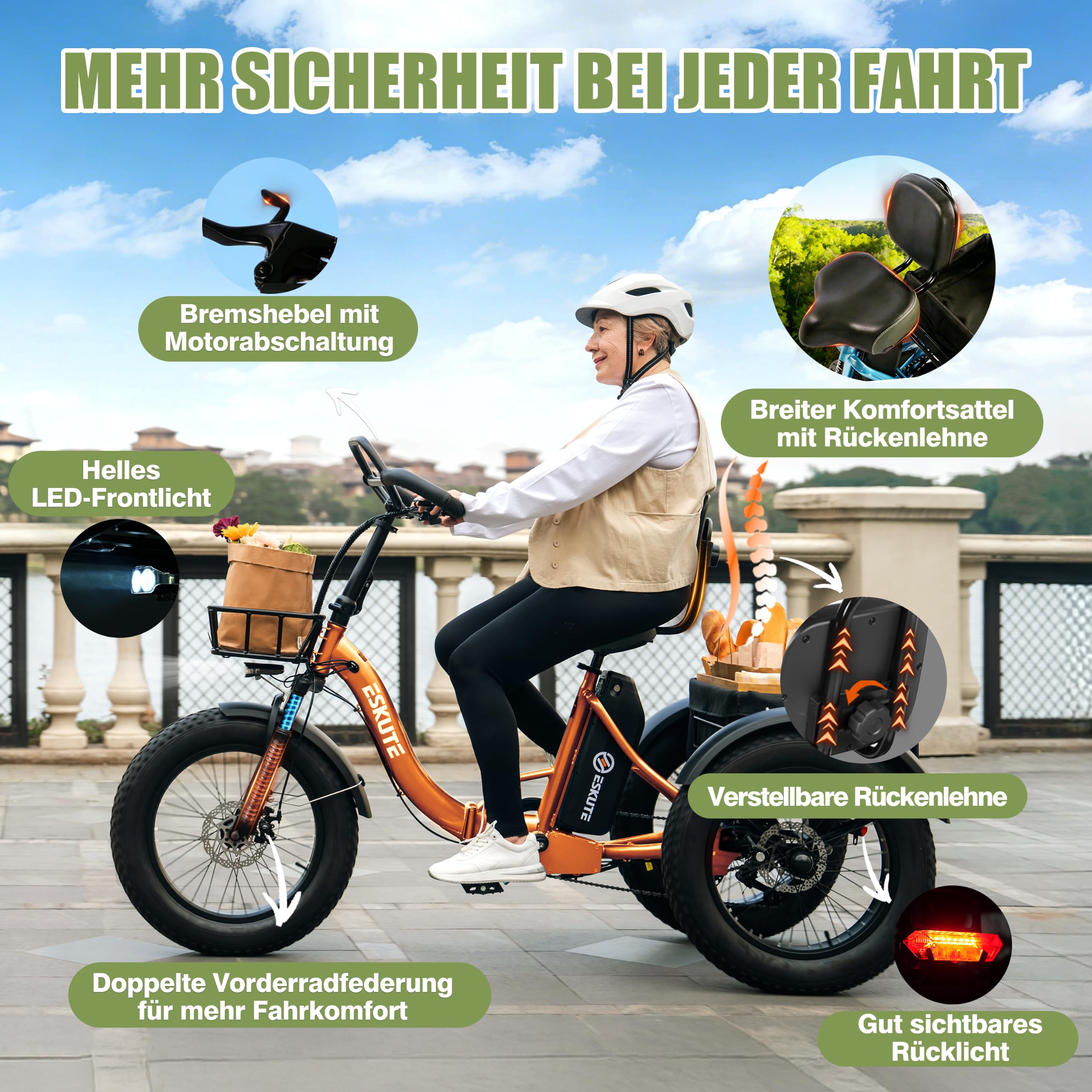 ESKUTE Elektro Dreirad für Erwachsene T302 Pro, 48V 20,8Ah Akku, faltbares E-Bike Dreirad mit Tiefeinstieg, 20×4 Zoll Fat Tires Elektrofahrrad, 7-Gang, 25 km/h, 60–130 km Reichweite