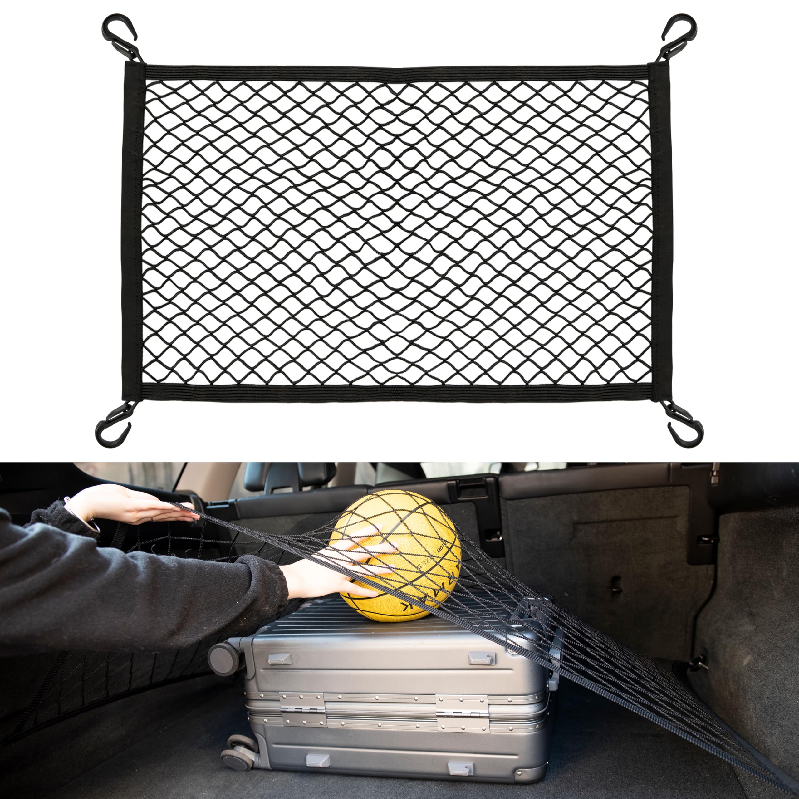 Filet de Coffre 60 x 40 cm – Extensible à 155 x 120 cm, élastique, 4 Crochets ABS – pour Voitures, SUV et camionnettes